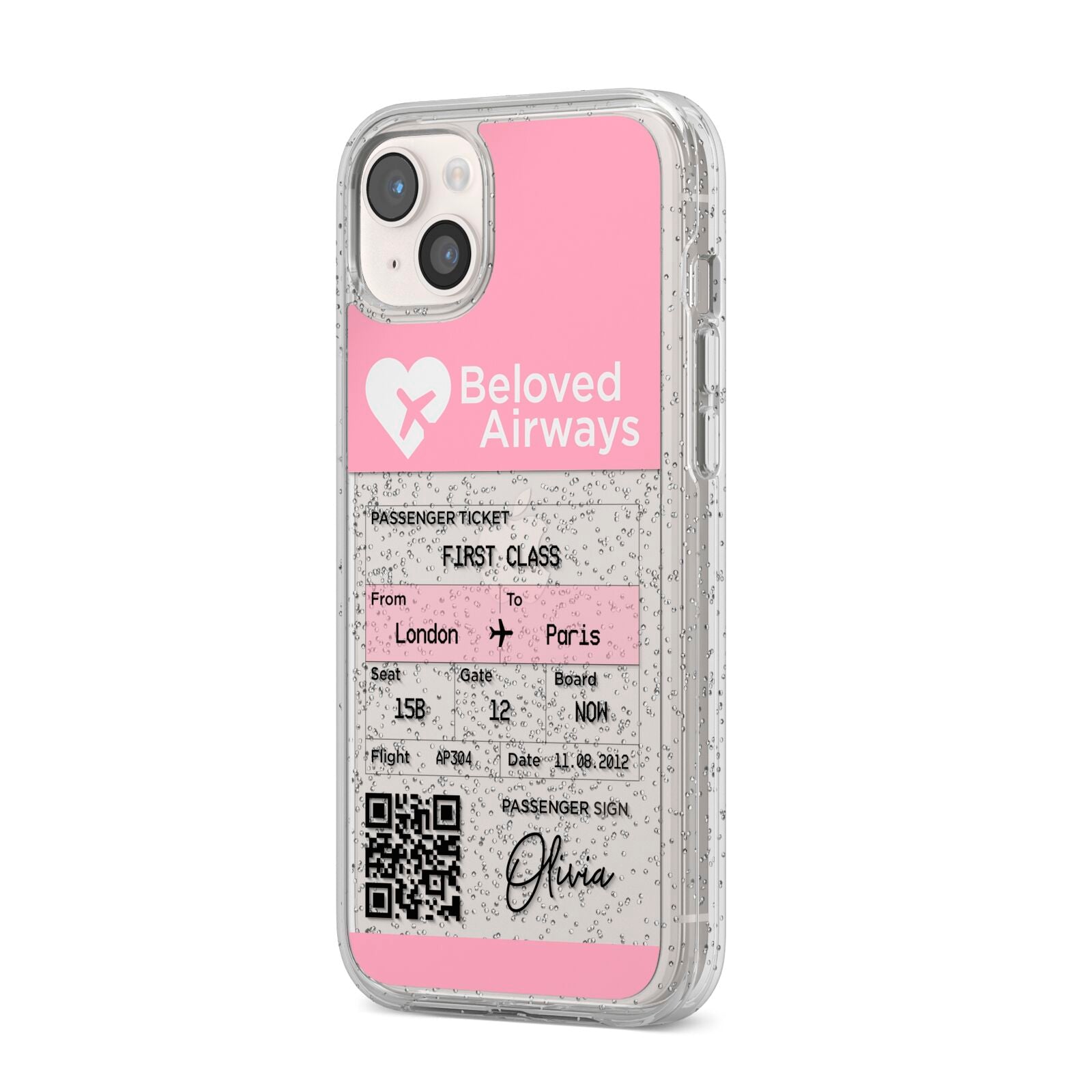 Personalised Aeroplane Ticket iPhone 14 Plus Glitter Tough Case Starlight Angled Image