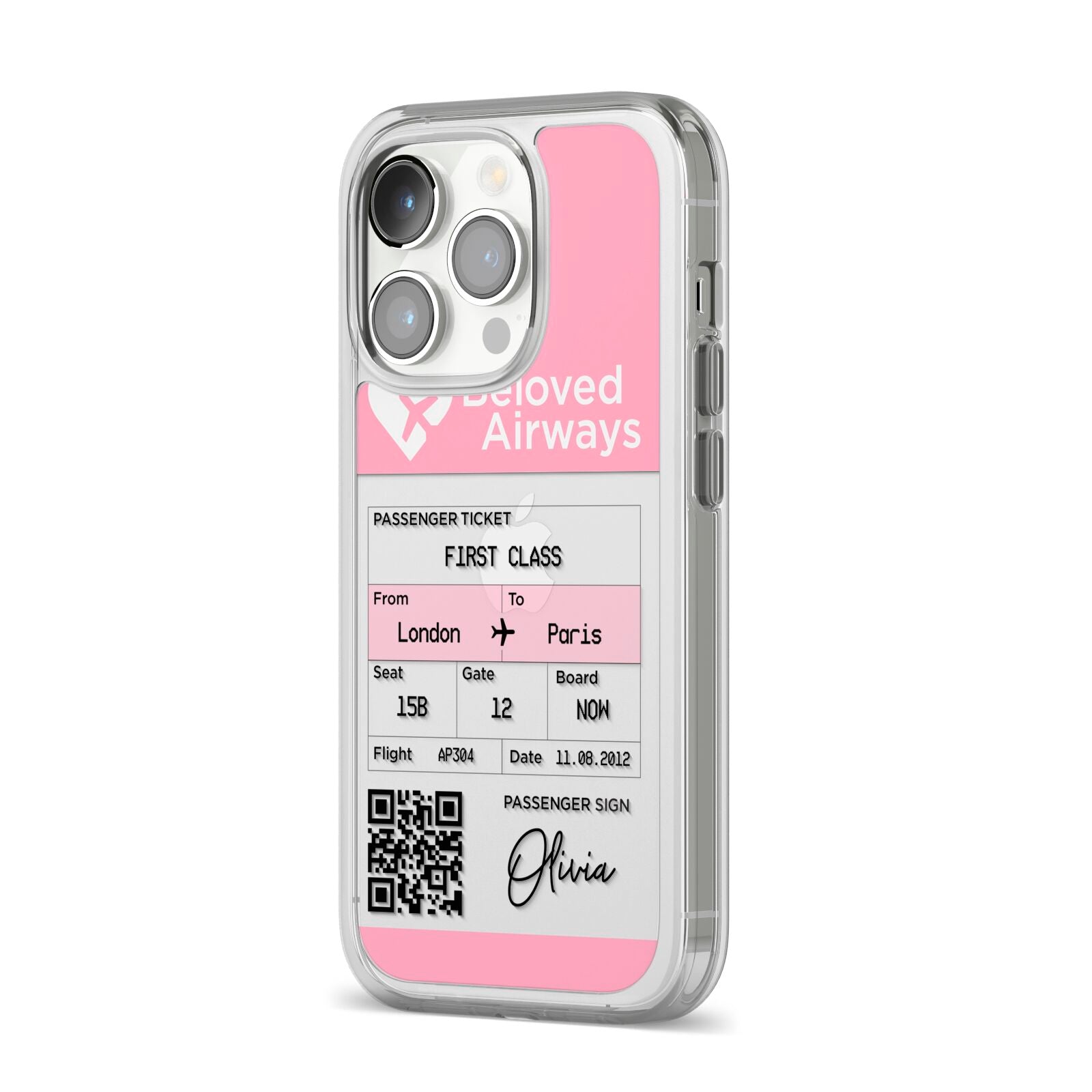 Personalised Aeroplane Ticket iPhone 14 Pro Clear Tough Case Silver Angled Image