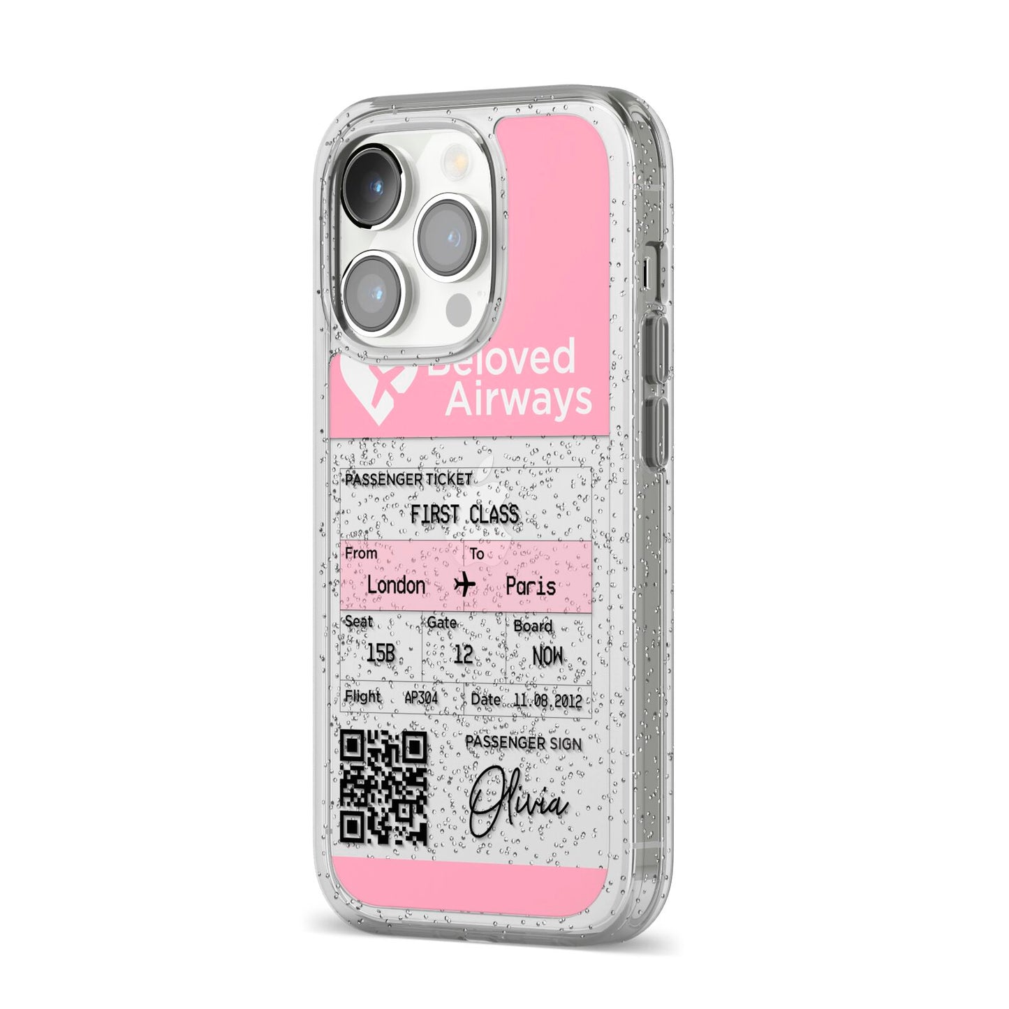 Personalised Aeroplane Ticket iPhone 14 Pro Glitter Tough Case Silver Angled Image