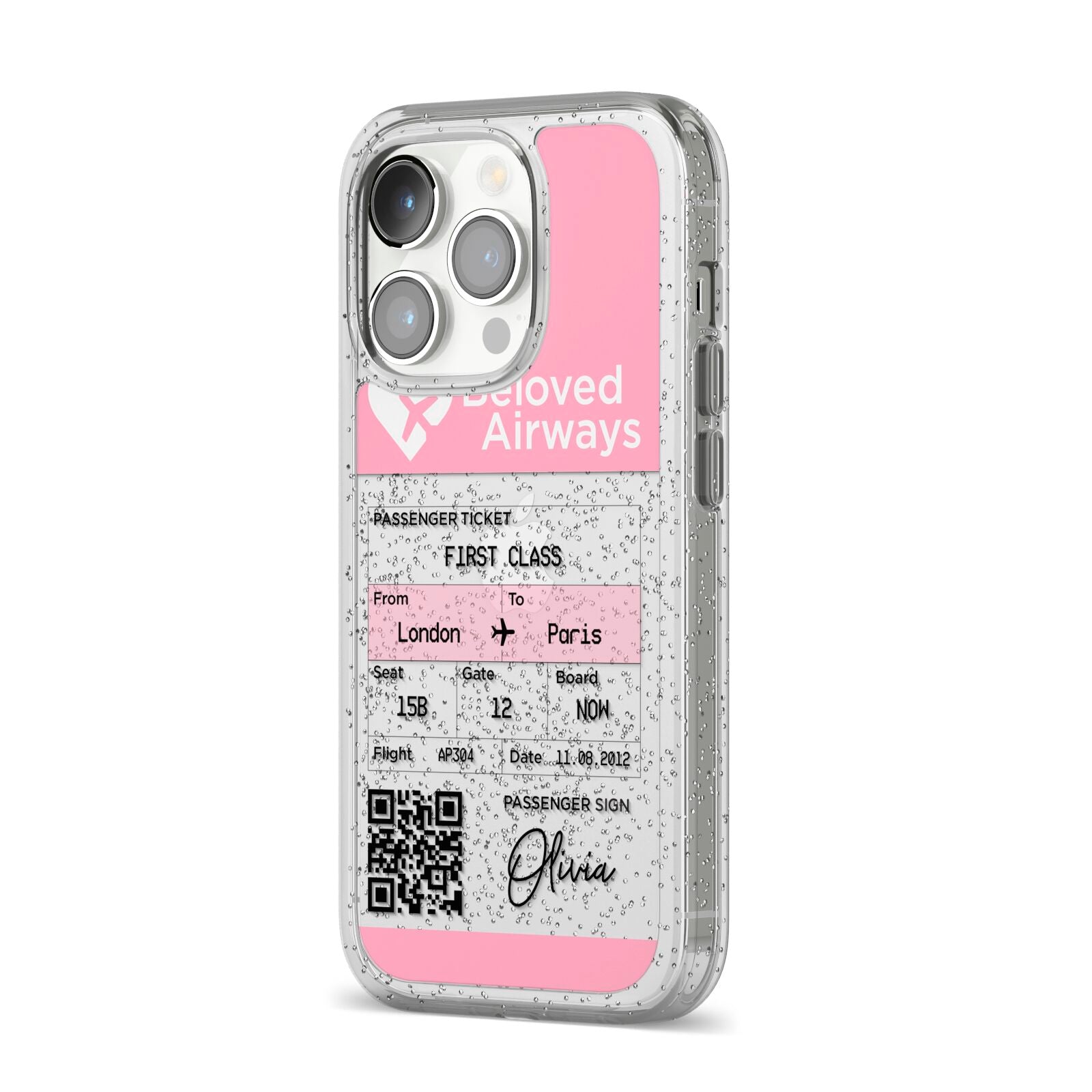 Personalised Aeroplane Ticket iPhone 14 Pro Glitter Tough Case Silver Angled Image