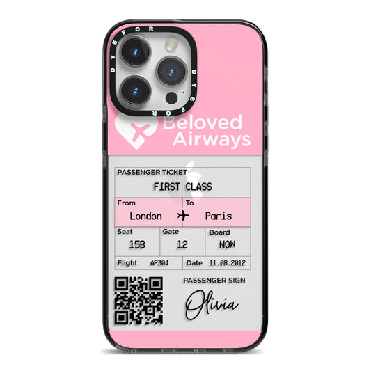 Personalised Aeroplane Ticket iPhone 14 Pro Max Black Impact Case on Silver phone