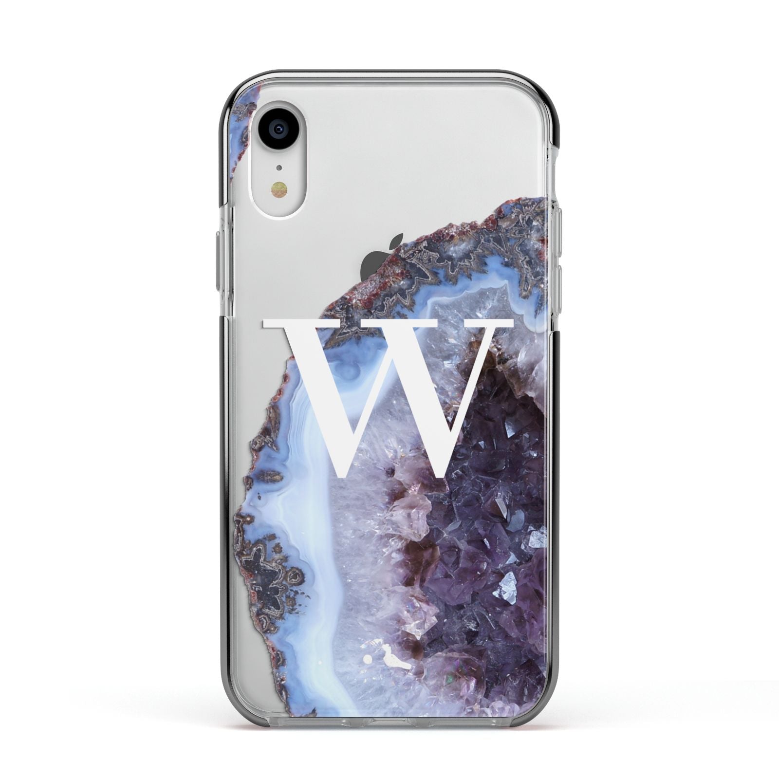 Personalised Agate Blue and Purple Initials Apple iPhone XR Impact Case Black Edge on Silver Phone