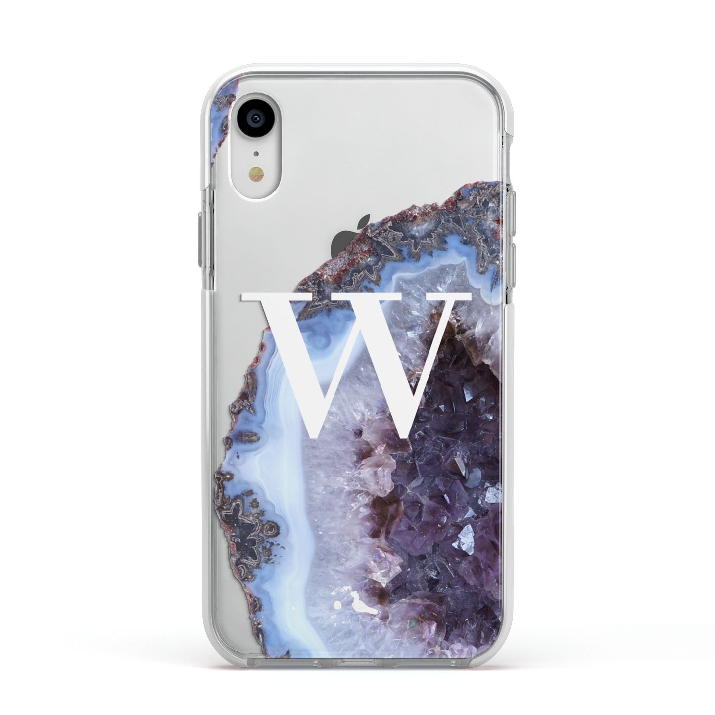 Personalised Agate Blue and Purple Initials Apple iPhone XR Impact Case White Edge on Silver Phone