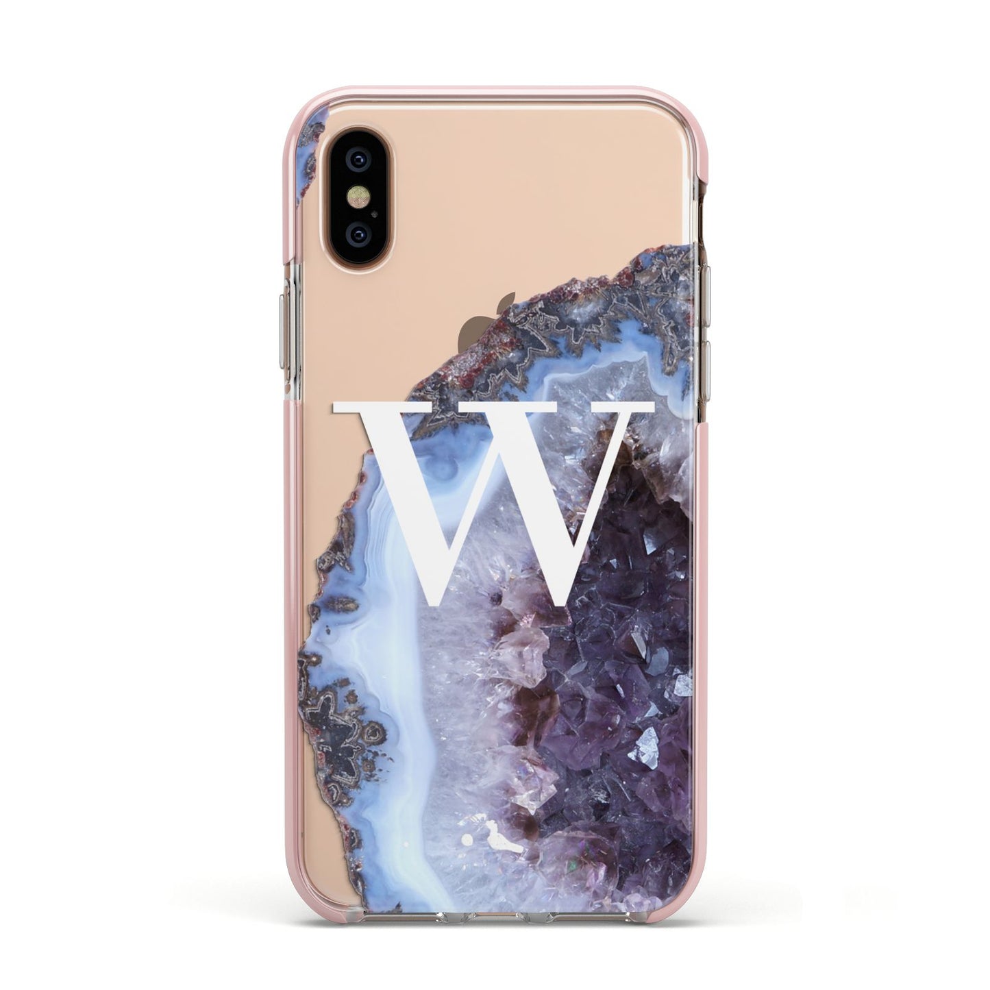 Personalised Agate Blue and Purple Initials Apple iPhone Xs Impact Case Pink Edge on Gold Phone