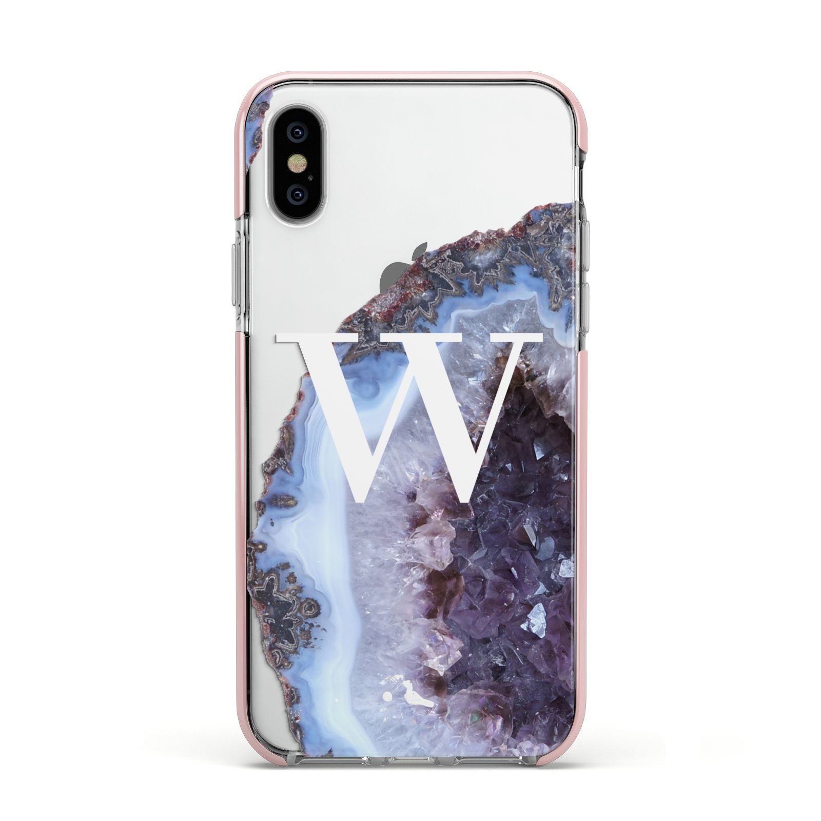 Personalised Agate Blue and Purple Initials Apple iPhone Xs Impact Case Pink Edge on Silver Phone