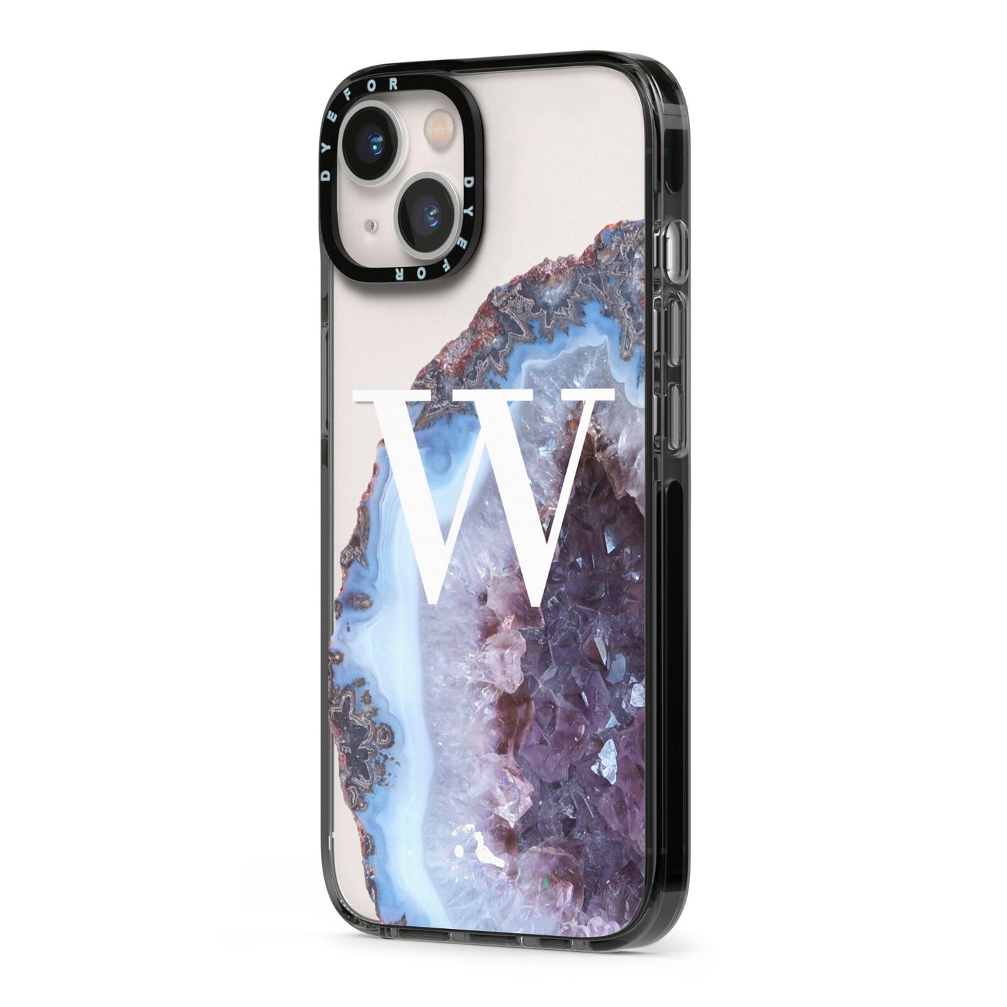Personalised Agate Blue and Purple Initials iPhone 13 Black Impact Case Side Angle on Silver phone