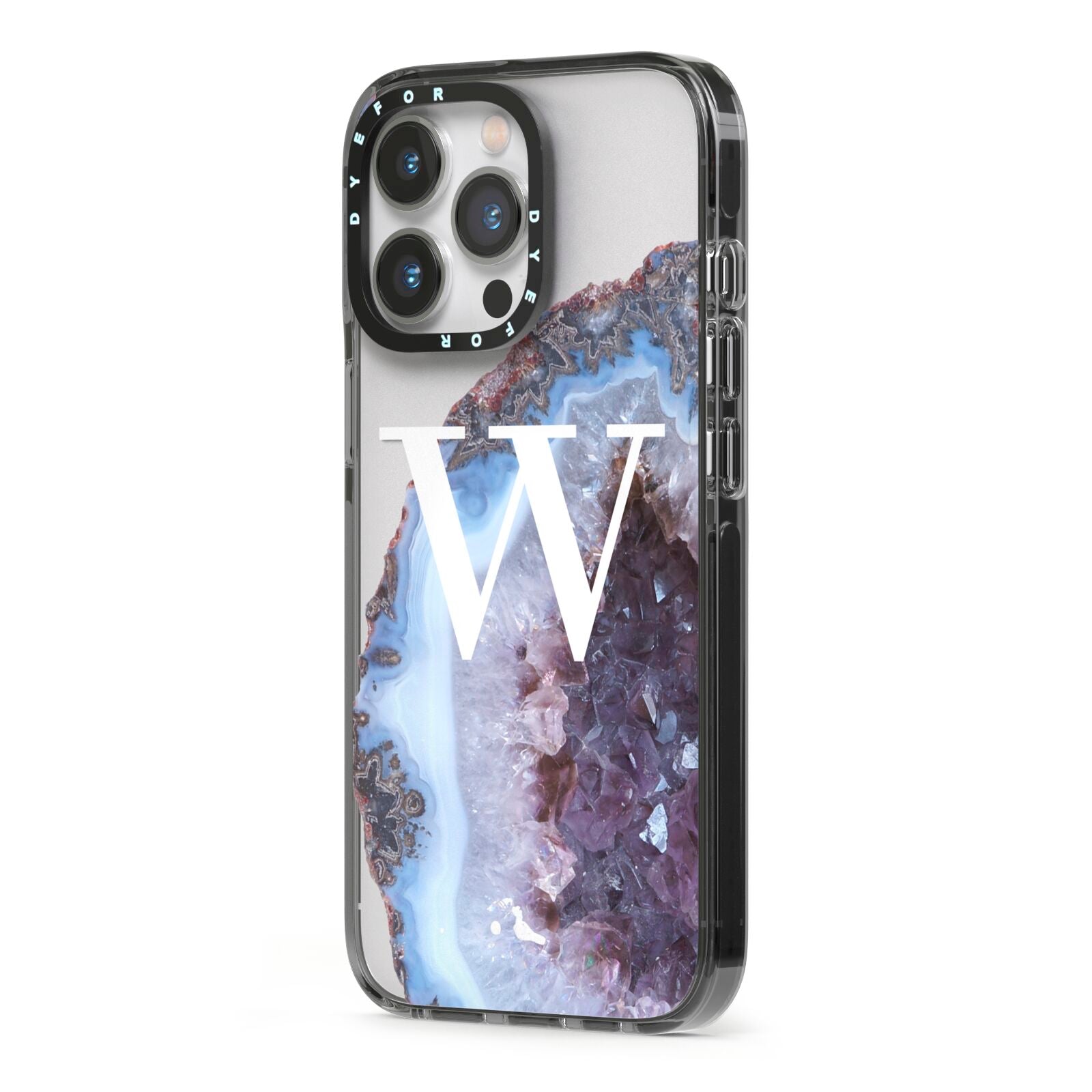 Personalised Agate Blue and Purple Initials iPhone 13 Pro Black Impact Case Side Angle on Silver phone