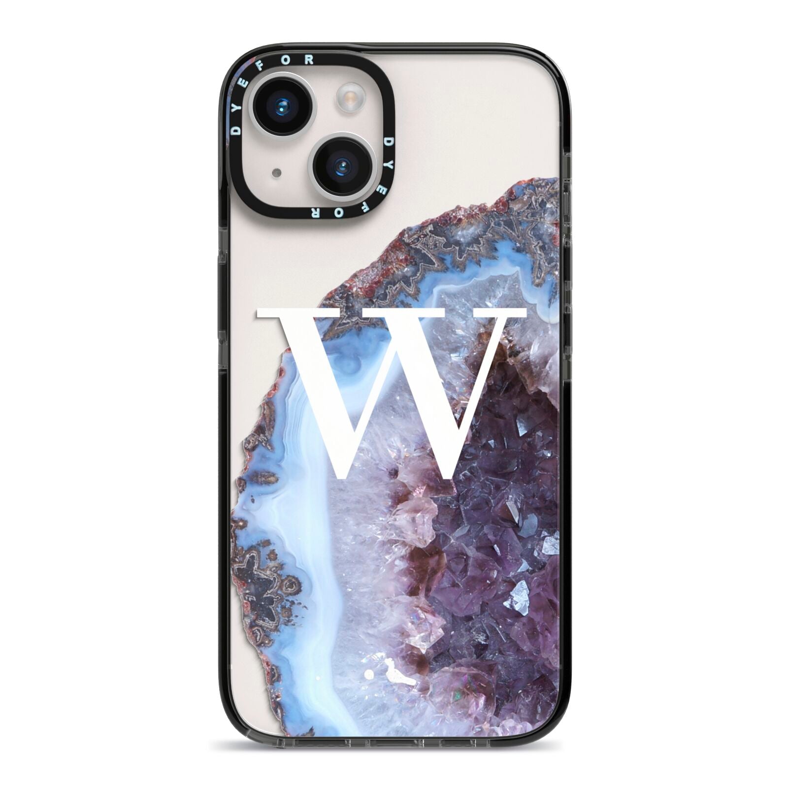 Personalised Agate Blue and Purple Initials iPhone 14 Black Impact Case on Silver phone