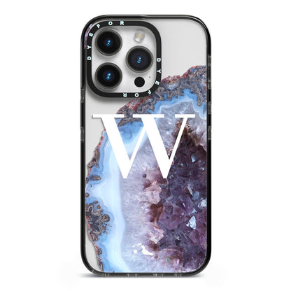 Personalised Agate Blue and Purple Initials iPhone 14 Pro Black Impact Case on Silver phone