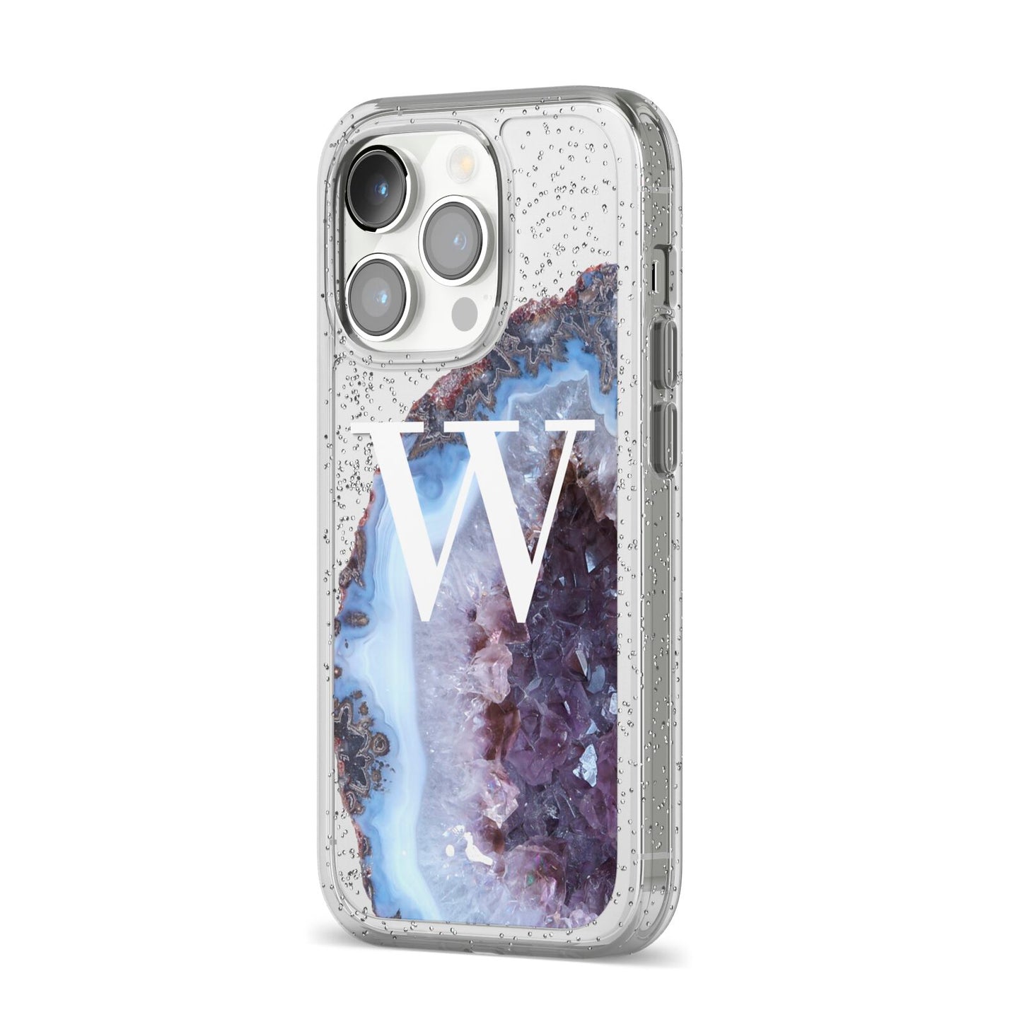 Personalised Agate Blue and Purple Initials iPhone 14 Pro Glitter Tough Case Silver Angled Image