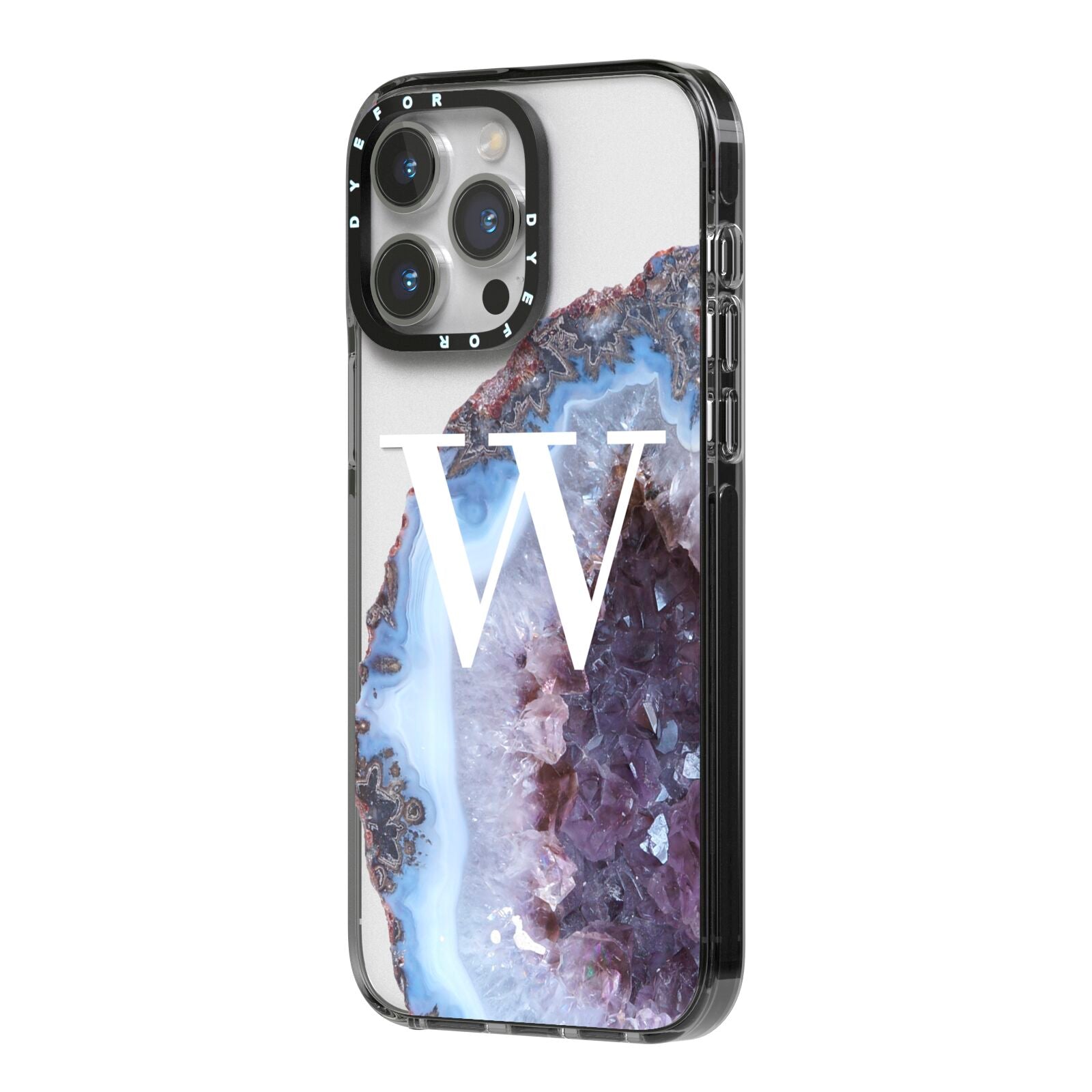 Personalised Agate Blue and Purple Initials iPhone 14 Pro Max Black Impact Case Side Angle on Silver phone