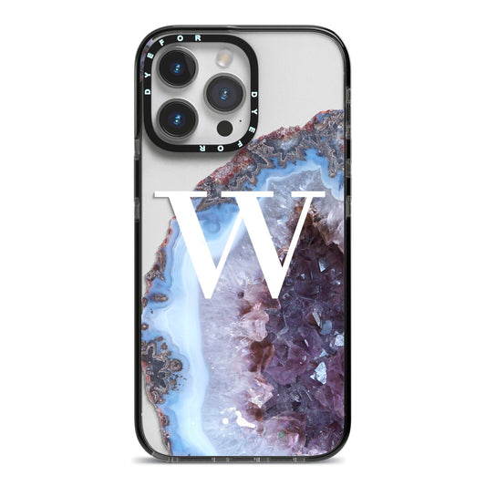 Personalised Agate Blue and Purple Initials iPhone 14 Pro Max Black Impact Case on Silver phone