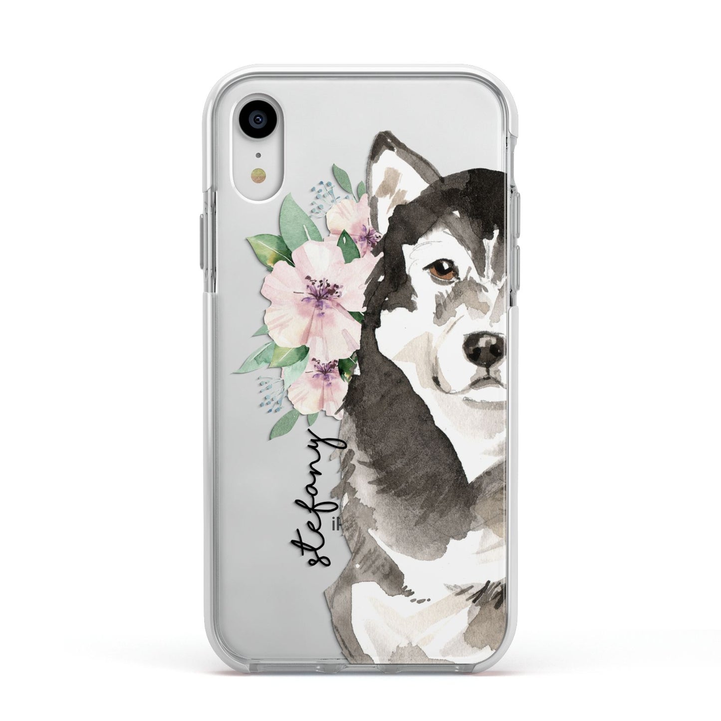 Personalised Alaskan Malamute Apple iPhone XR Impact Case White Edge on Silver Phone