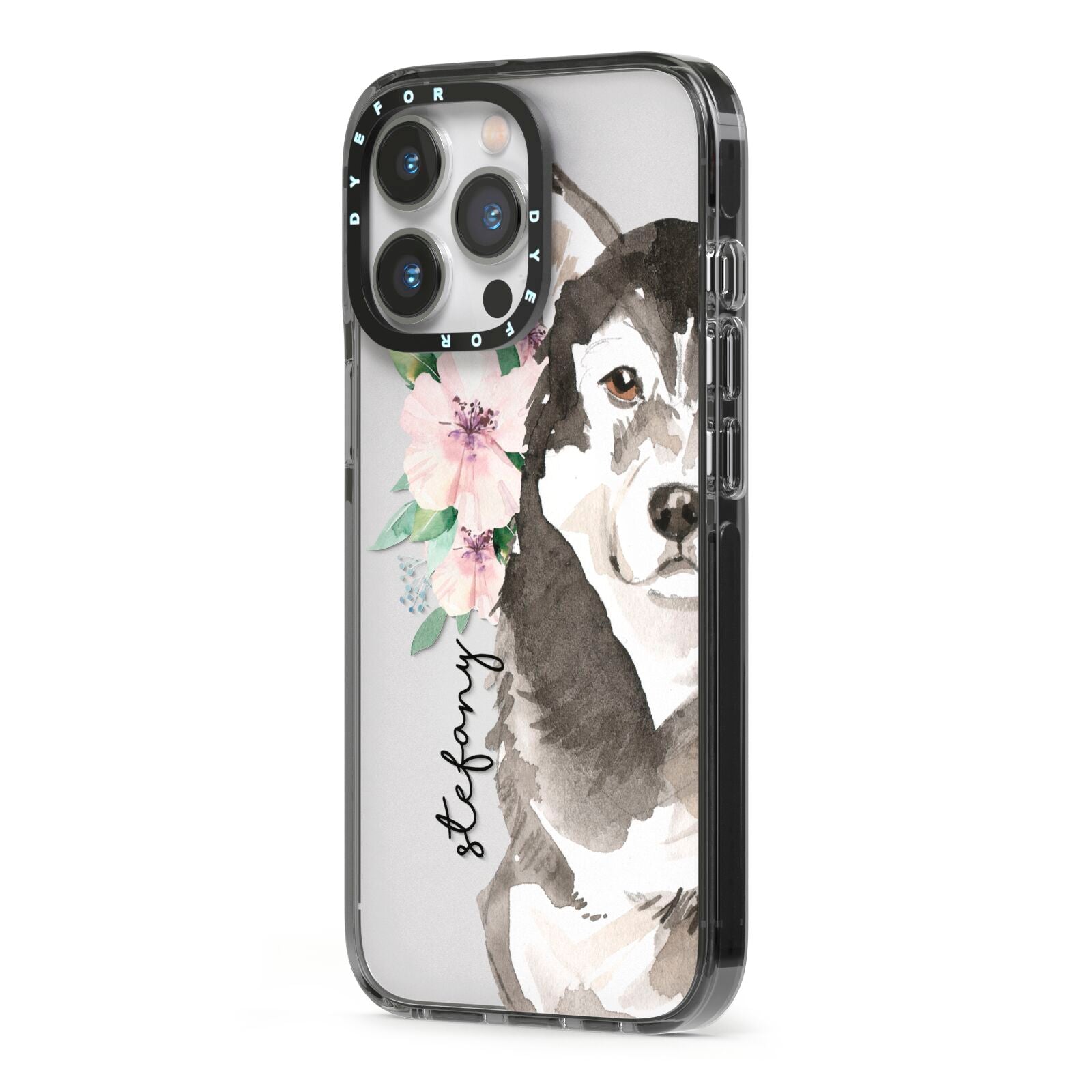 Personalised Alaskan Malamute iPhone 13 Pro Black Impact Case Side Angle on Silver phone
