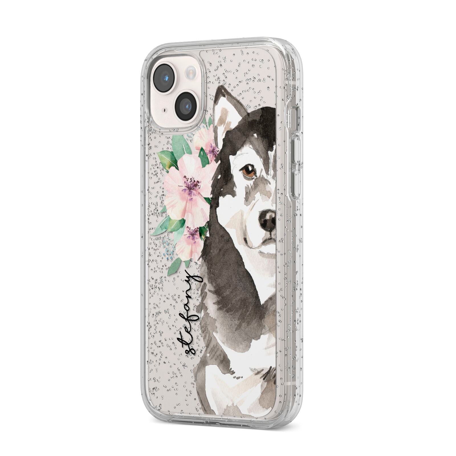 Personalised Alaskan Malamute iPhone 14 Plus Glitter Tough Case Starlight Angled Image