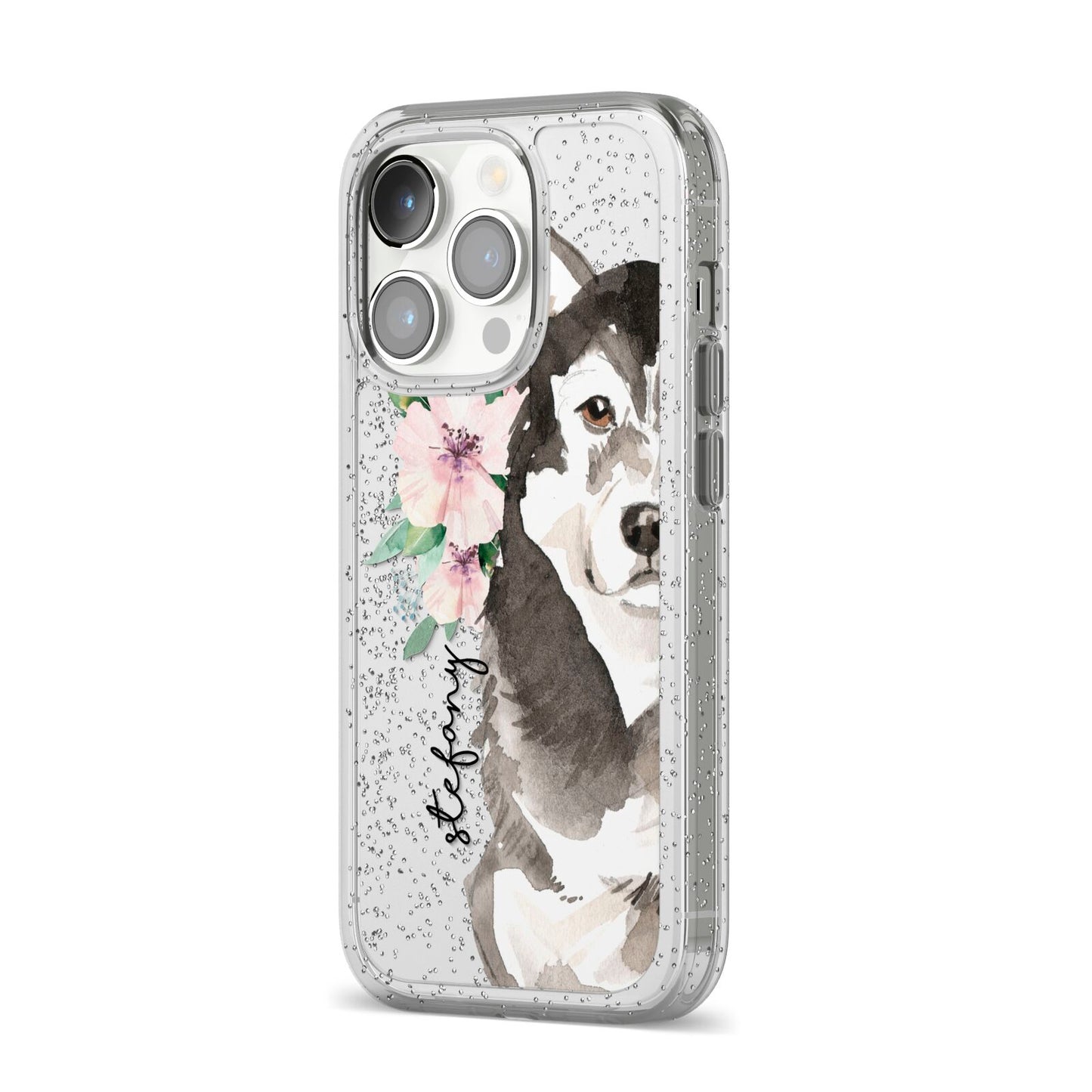 Personalised Alaskan Malamute iPhone 14 Pro Glitter Tough Case Silver Angled Image