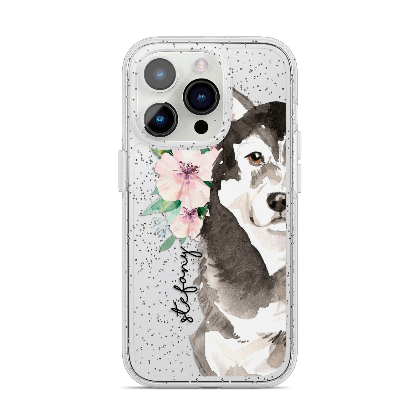 Personalised Alaskan Malamute iPhone 14 Pro Glitter Tough Case Silver