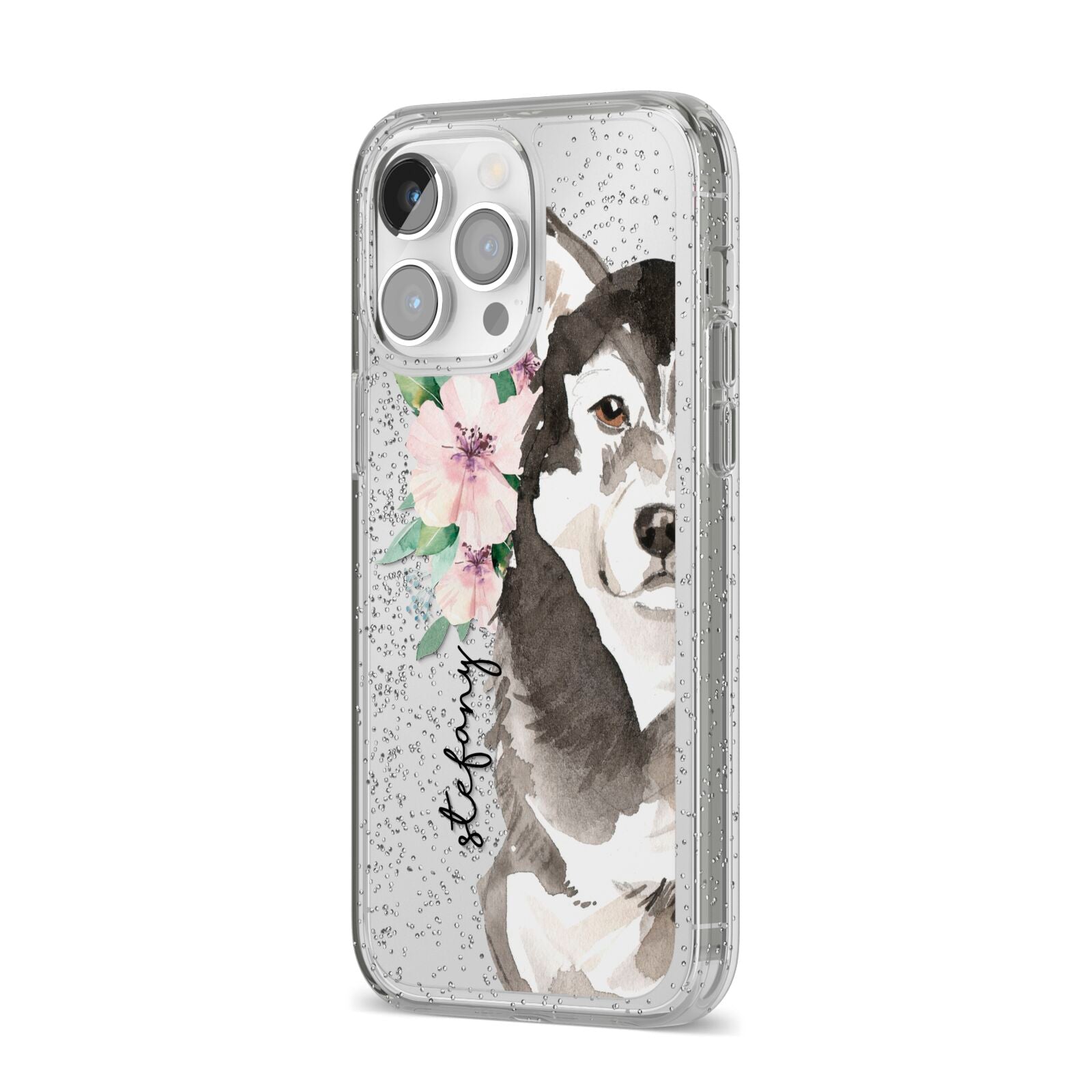 Personalised Alaskan Malamute iPhone 14 Pro Max Glitter Tough Case Silver Angled Image