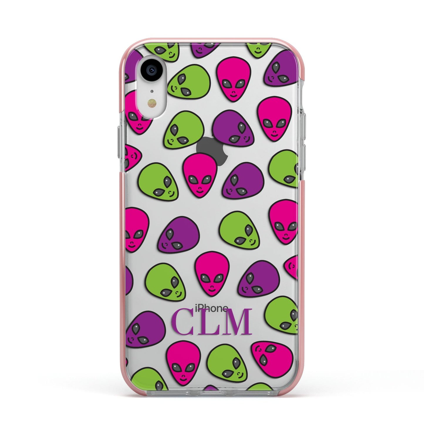 Personalised Aliens Initials Apple iPhone XR Impact Case Pink Edge on Silver Phone