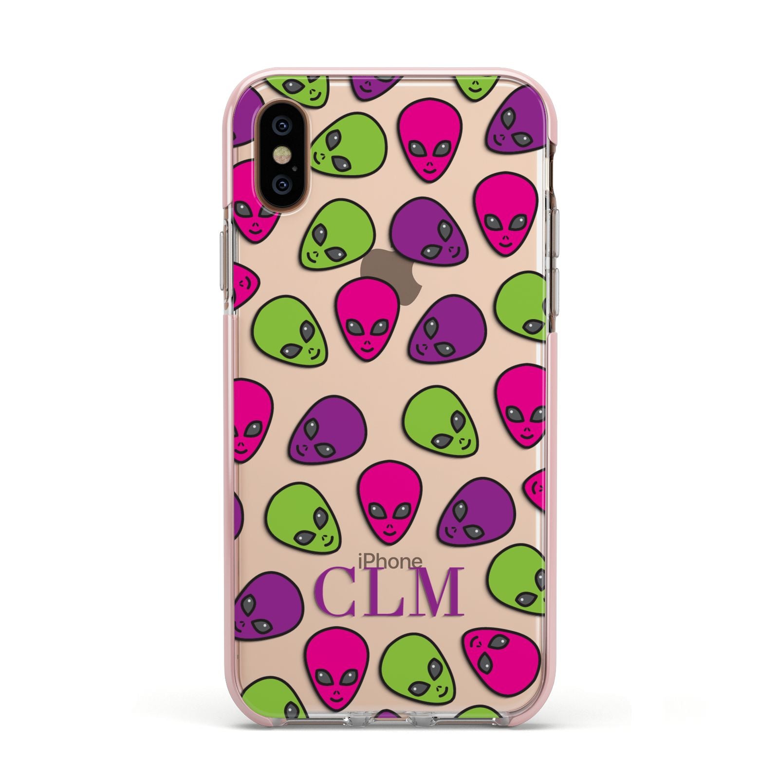 Personalised Aliens Initials Apple iPhone Xs Impact Case Pink Edge on Gold Phone