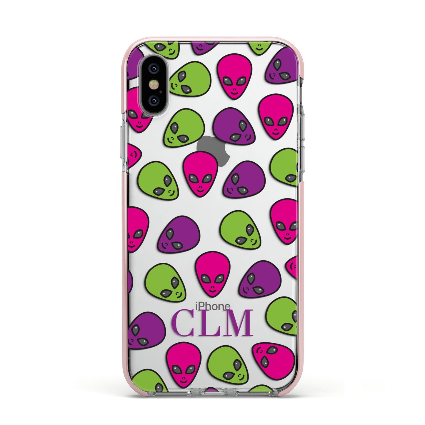 Personalised Aliens Initials Apple iPhone Xs Impact Case Pink Edge on Silver Phone