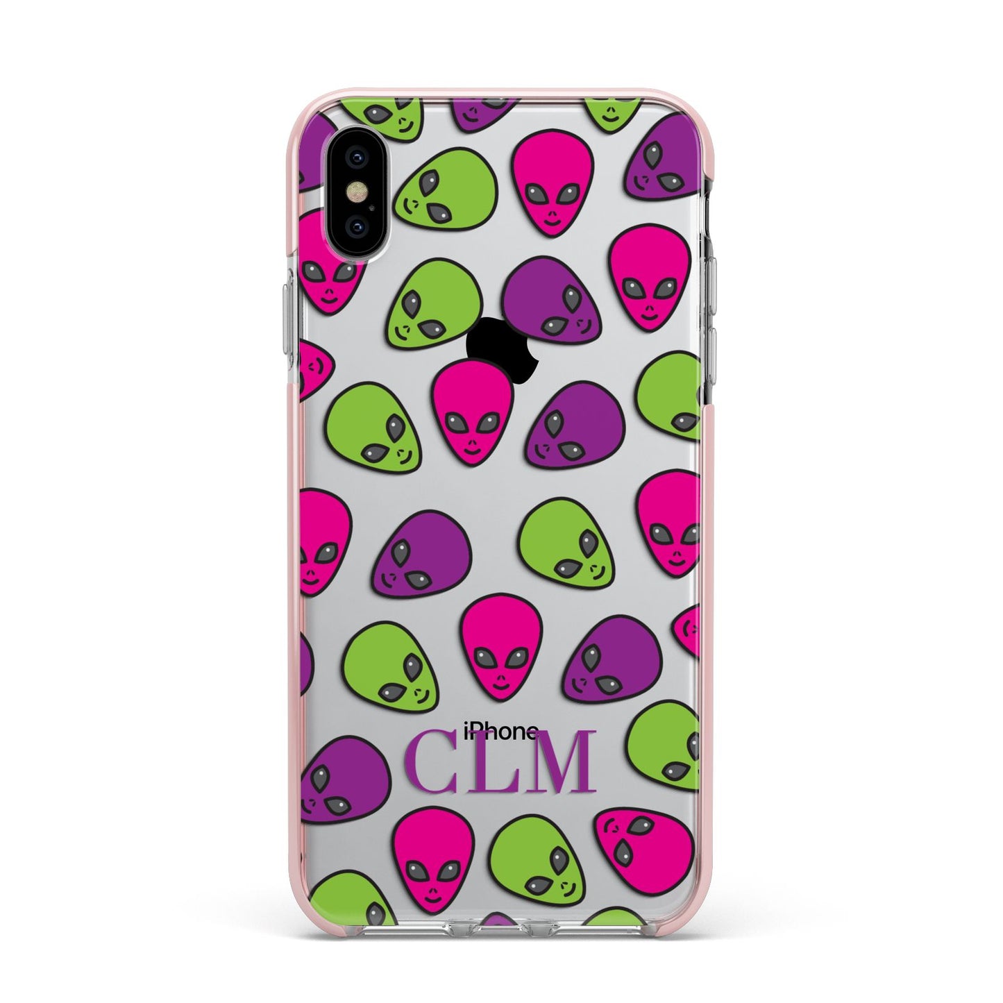 Personalised Aliens Initials Apple iPhone Xs Max Impact Case Pink Edge on Silver Phone