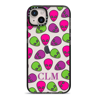 Personalised Aliens Initials iPhone 14 Plus Black Impact Case on Silver phone