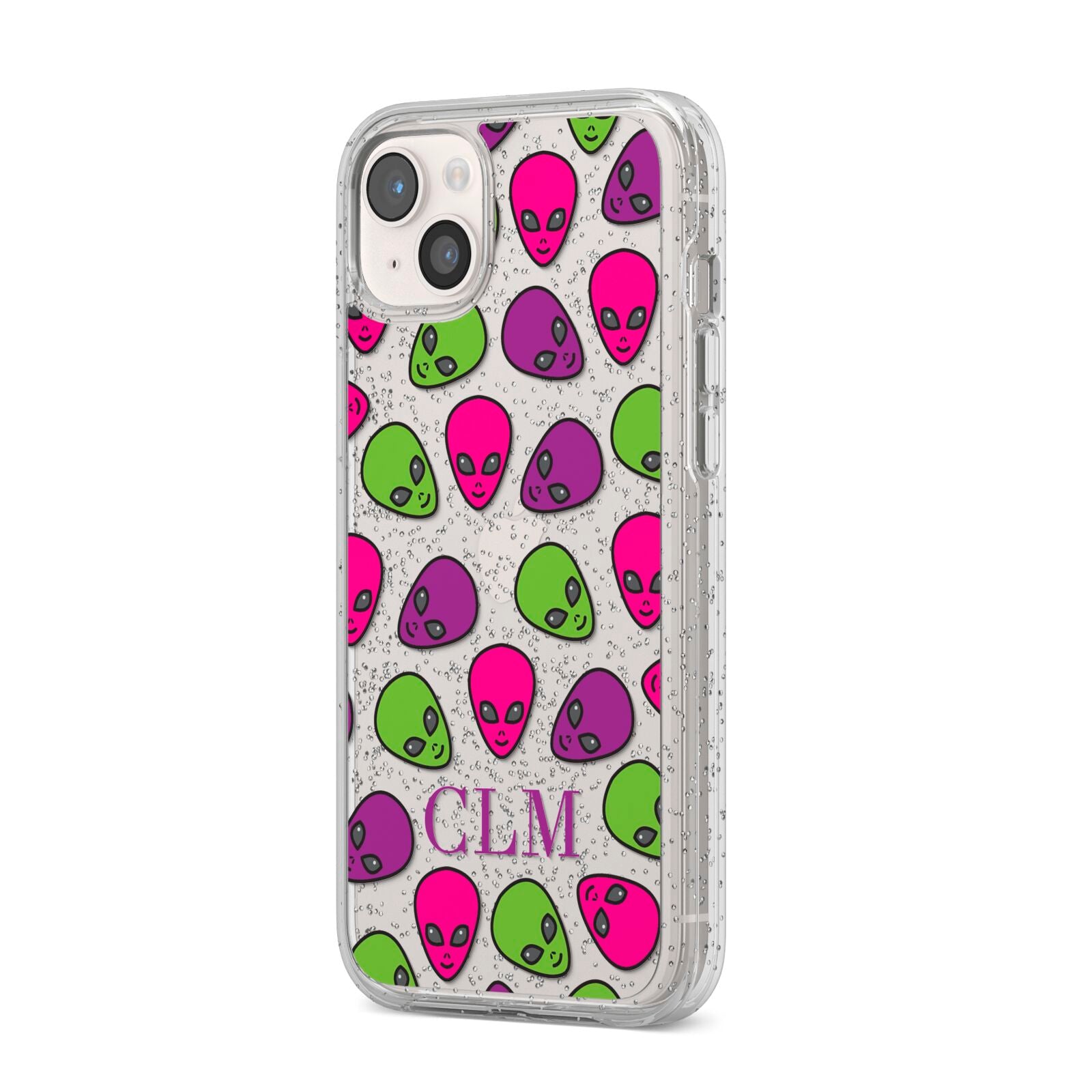 Personalised Aliens Initials iPhone 14 Plus Glitter Tough Case Starlight Angled Image