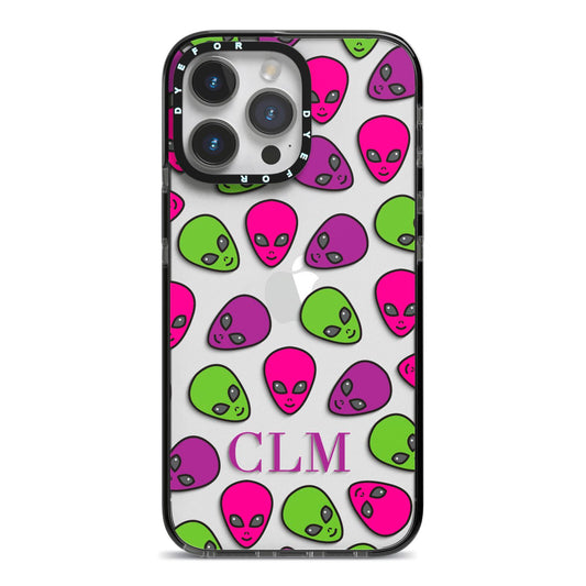Personalised Aliens Initials iPhone 14 Pro Max Black Impact Case on Silver phone