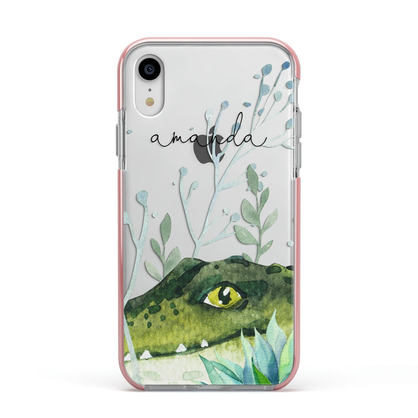 Personalised Alligator Apple iPhone XR Impact Case Pink Edge on Silver Phone