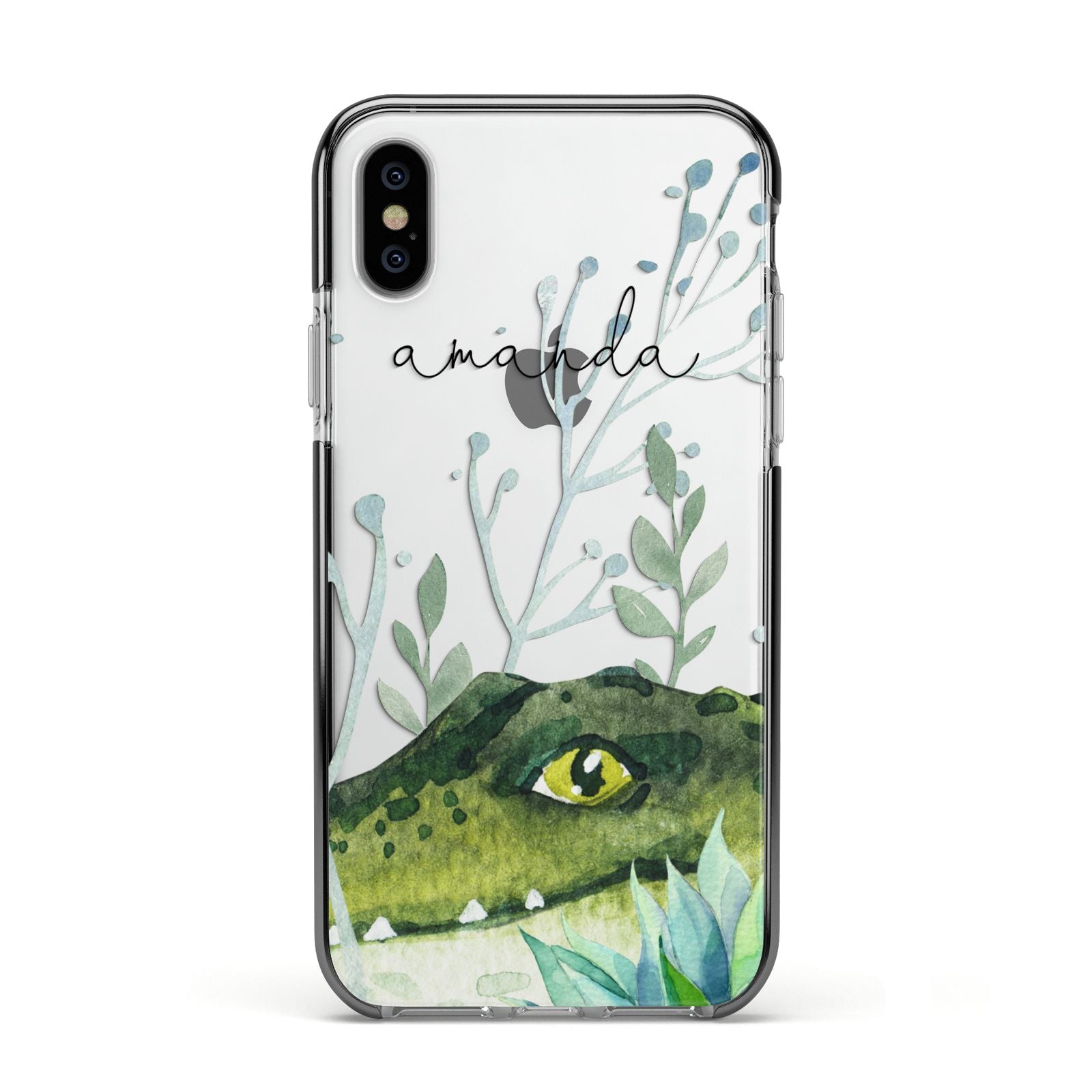 Personalised Alligator Apple iPhone Xs Impact Case Black Edge on Silver Phone