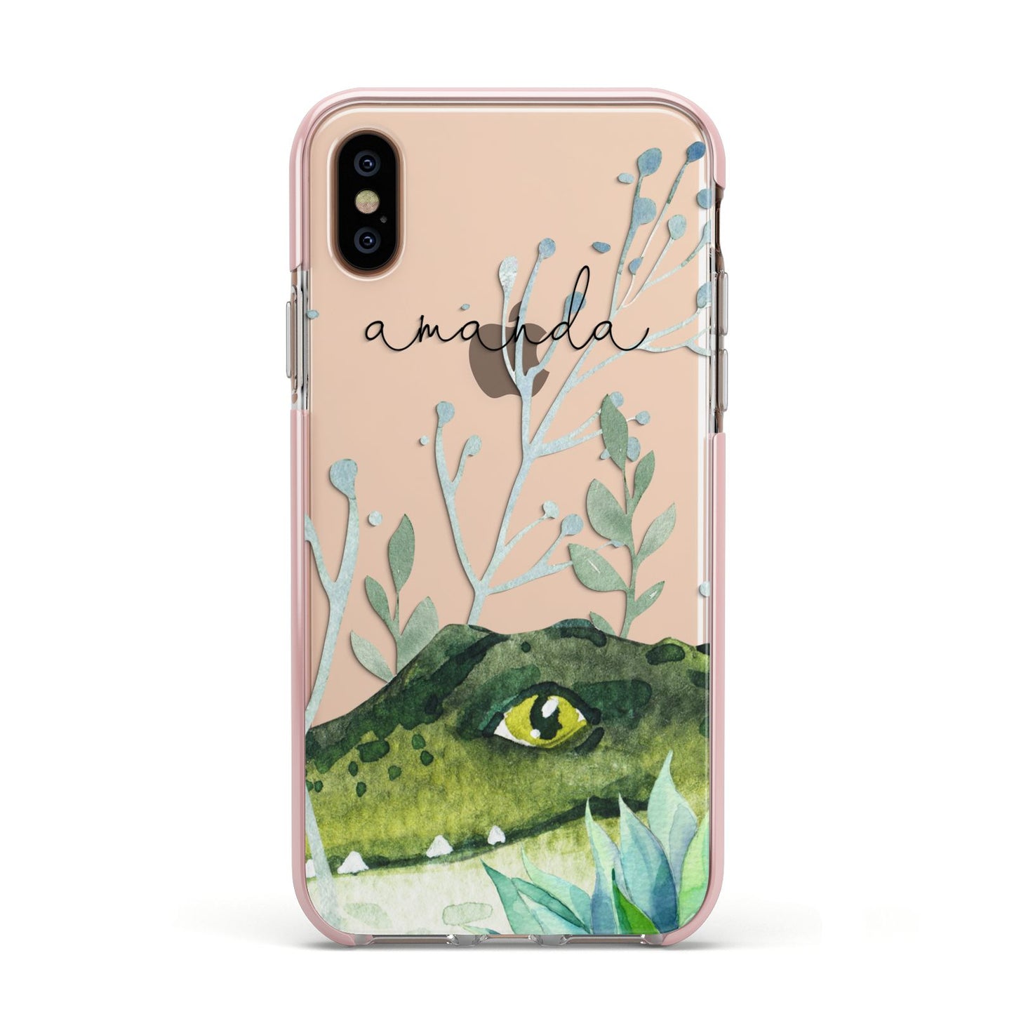 Personalised Alligator Apple iPhone Xs Impact Case Pink Edge on Gold Phone