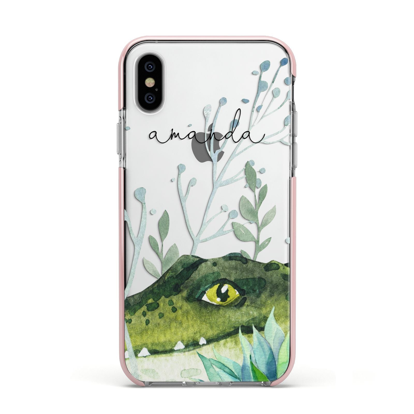 Personalised Alligator Apple iPhone Xs Impact Case Pink Edge on Silver Phone