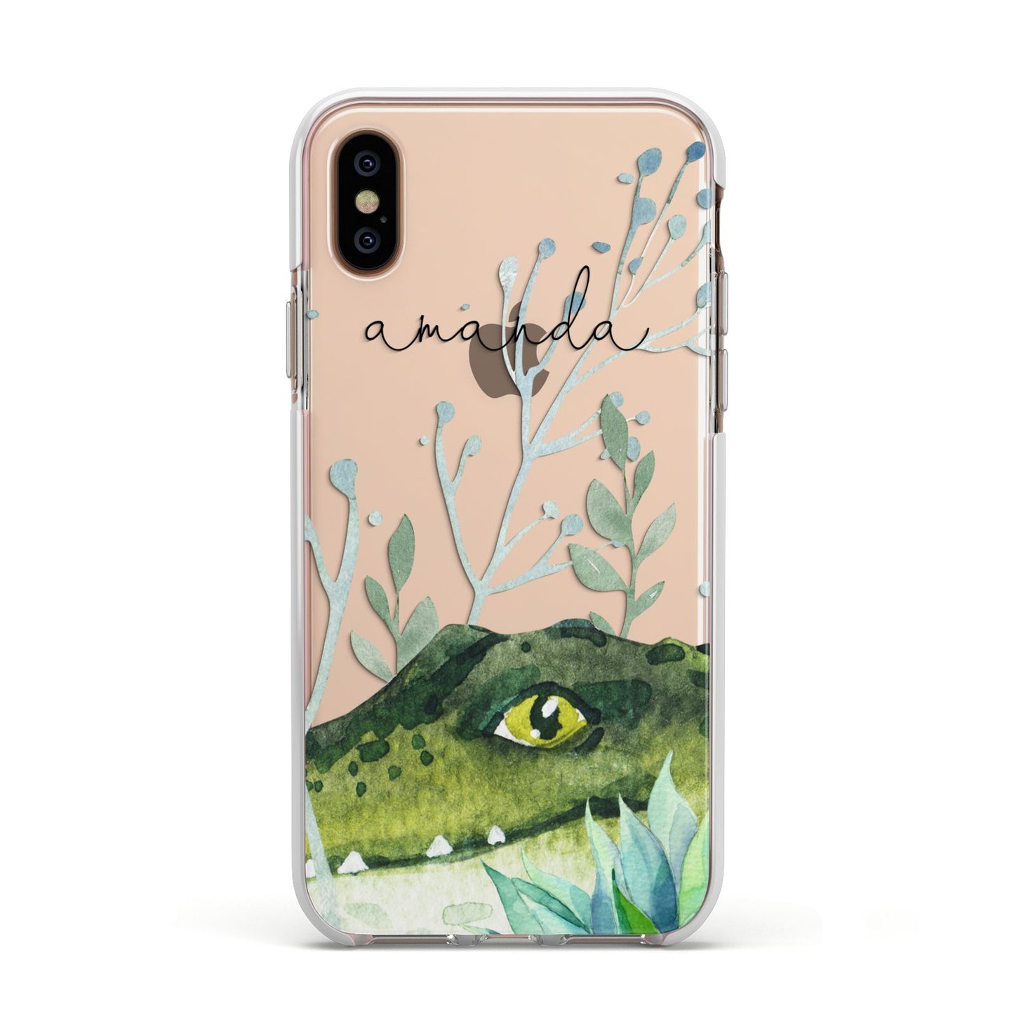 Personalised Alligator Apple iPhone Xs Impact Case White Edge on Gold Phone