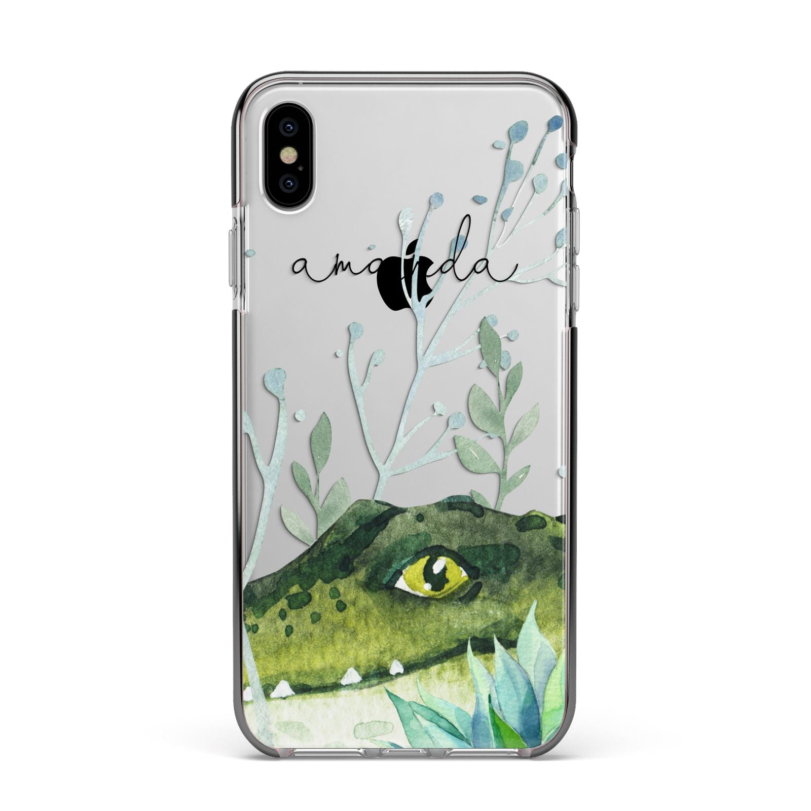 Personalised Alligator Apple iPhone Xs Max Impact Case Black Edge on Silver Phone