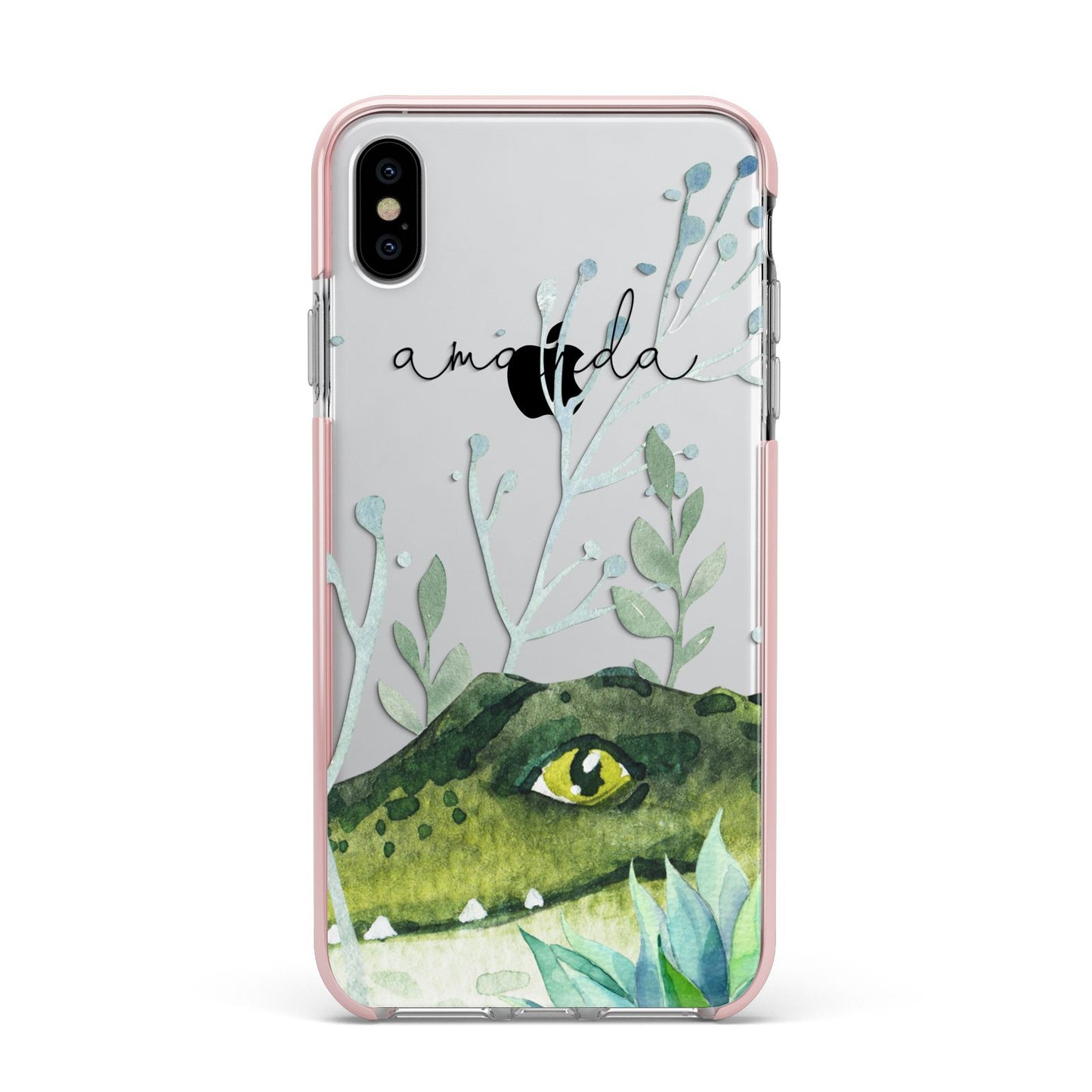 Personalised Alligator Apple iPhone Xs Max Impact Case Pink Edge on Silver Phone
