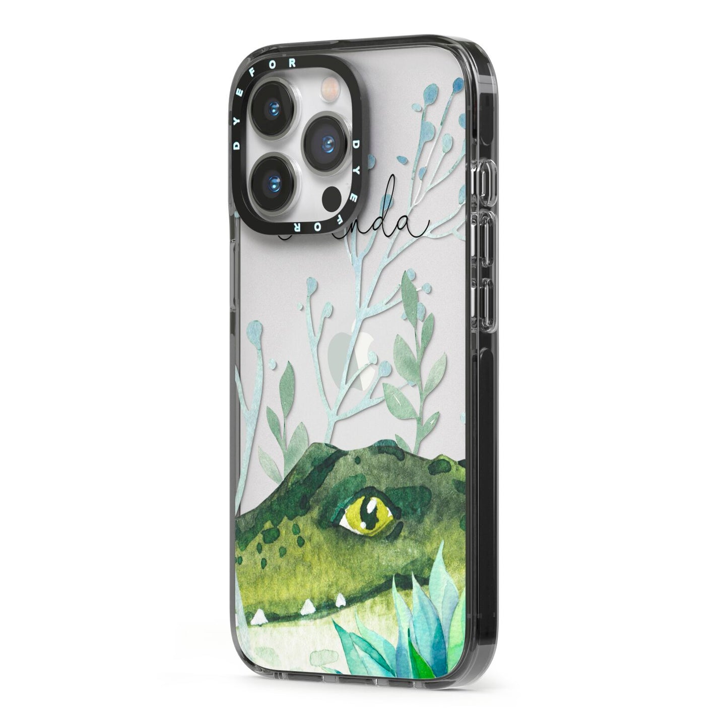 Personalised Alligator iPhone 13 Pro Black Impact Case Side Angle on Silver phone