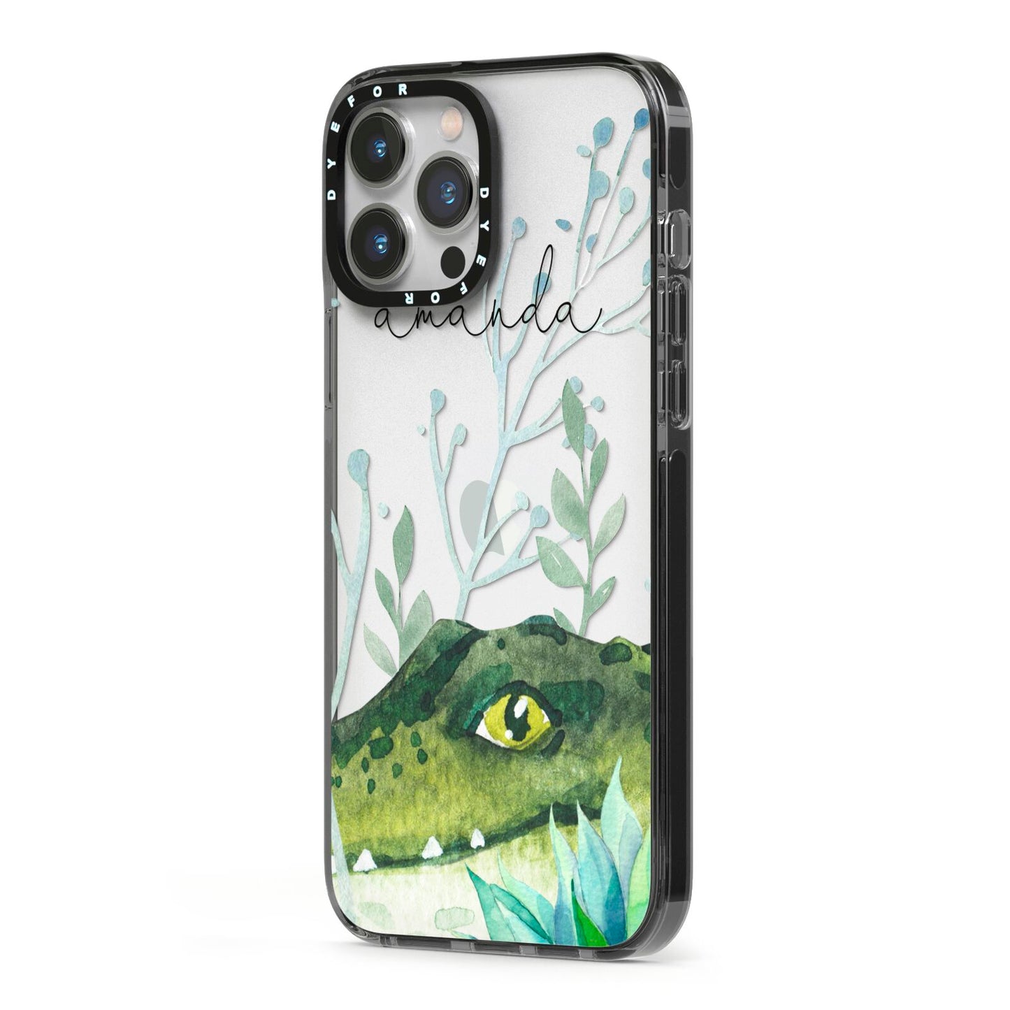 Personalised Alligator iPhone 13 Pro Max Black Impact Case Side Angle on Silver phone
