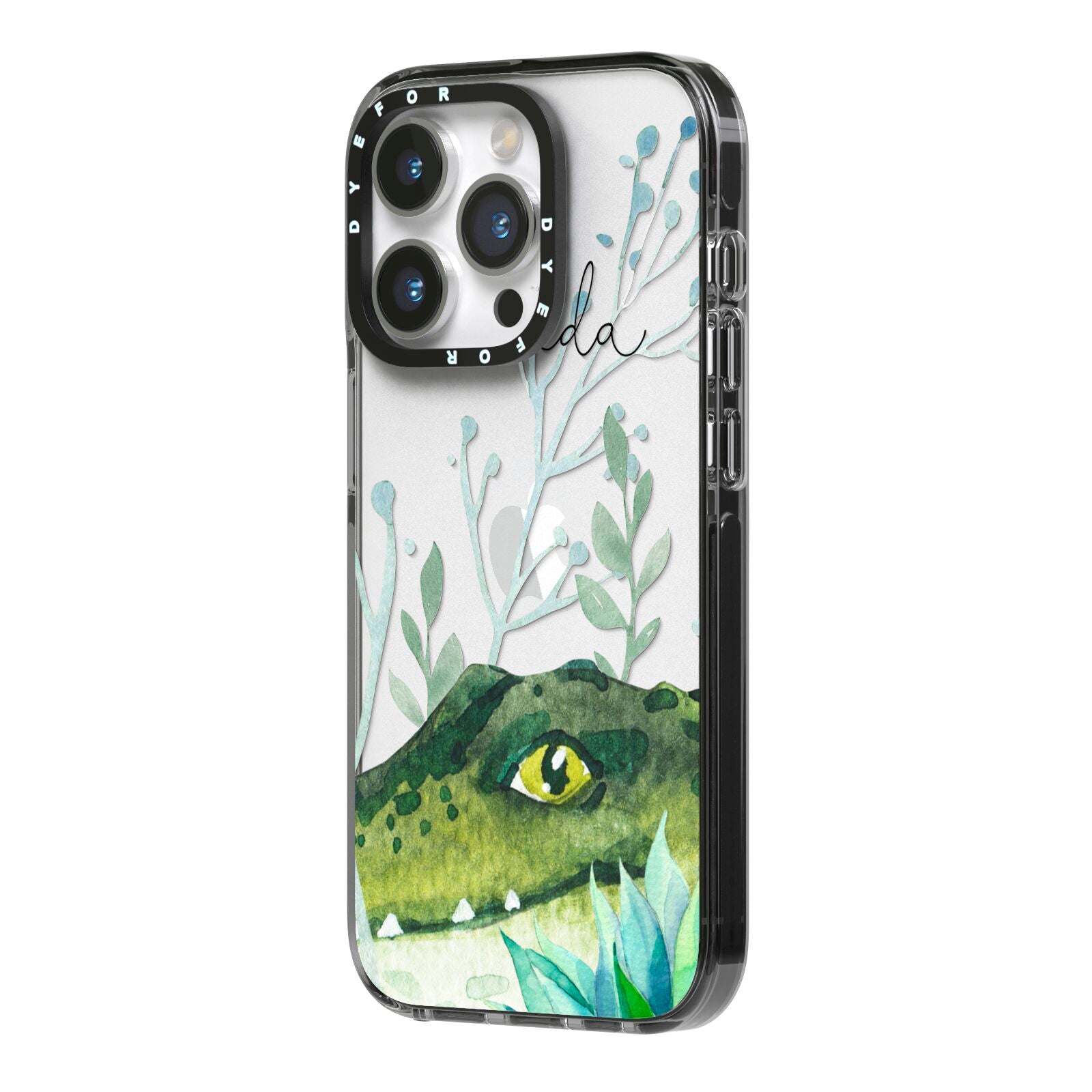 Personalised Alligator iPhone 14 Pro Black Impact Case Side Angle on Silver phone
