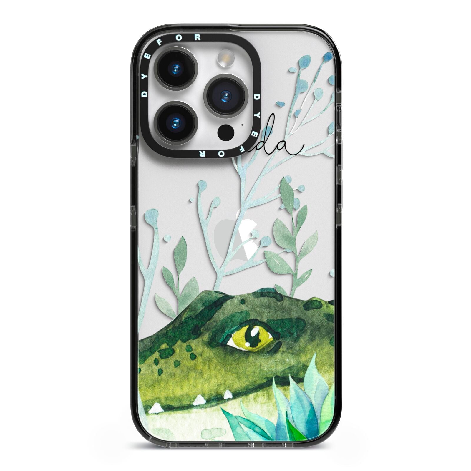 Personalised Alligator iPhone 14 Pro Black Impact Case on Silver phone