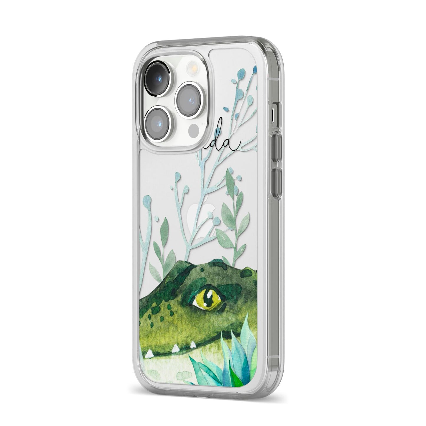 Personalised Alligator iPhone 14 Pro Clear Tough Case Silver Angled Image