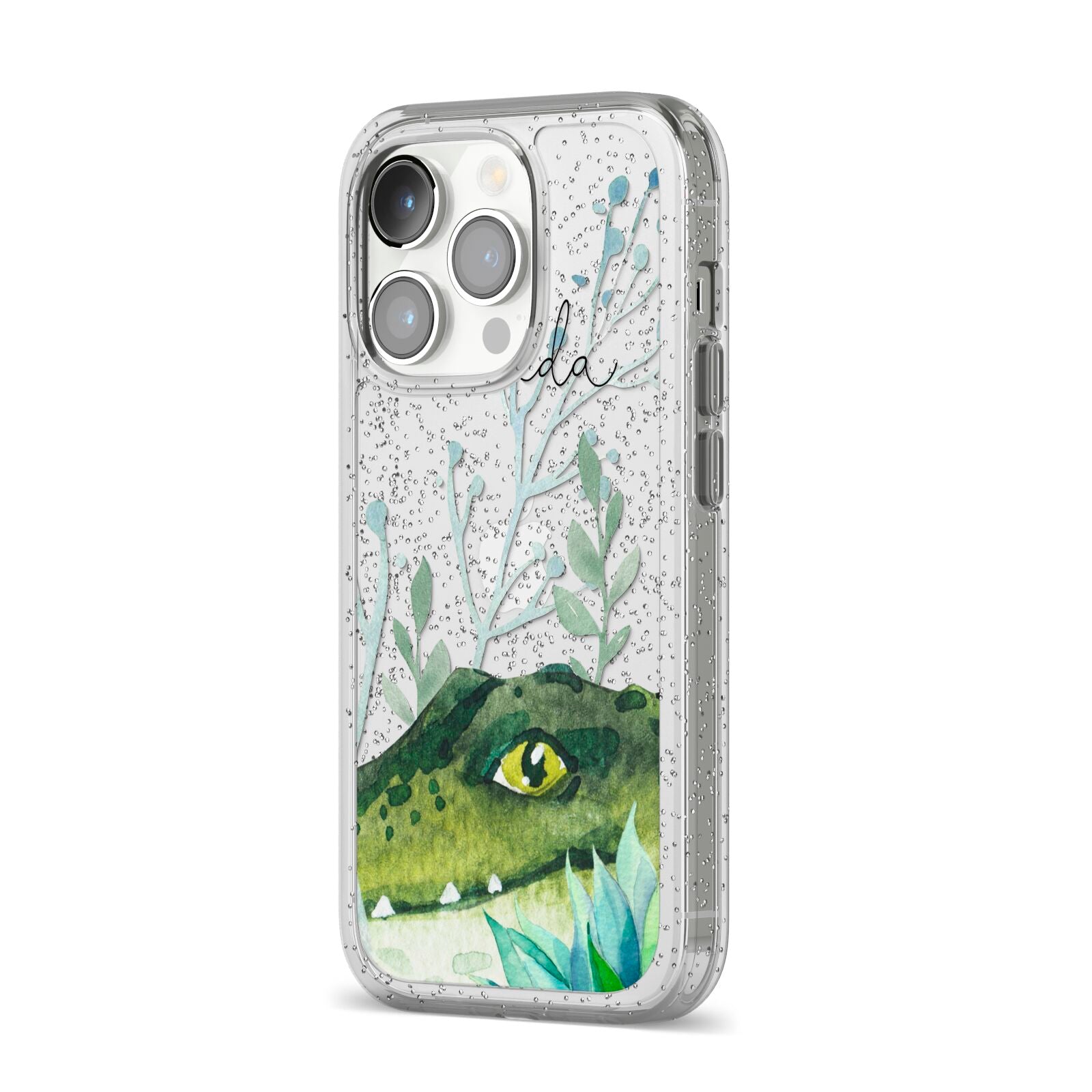Personalised Alligator iPhone 14 Pro Glitter Tough Case Silver Angled Image