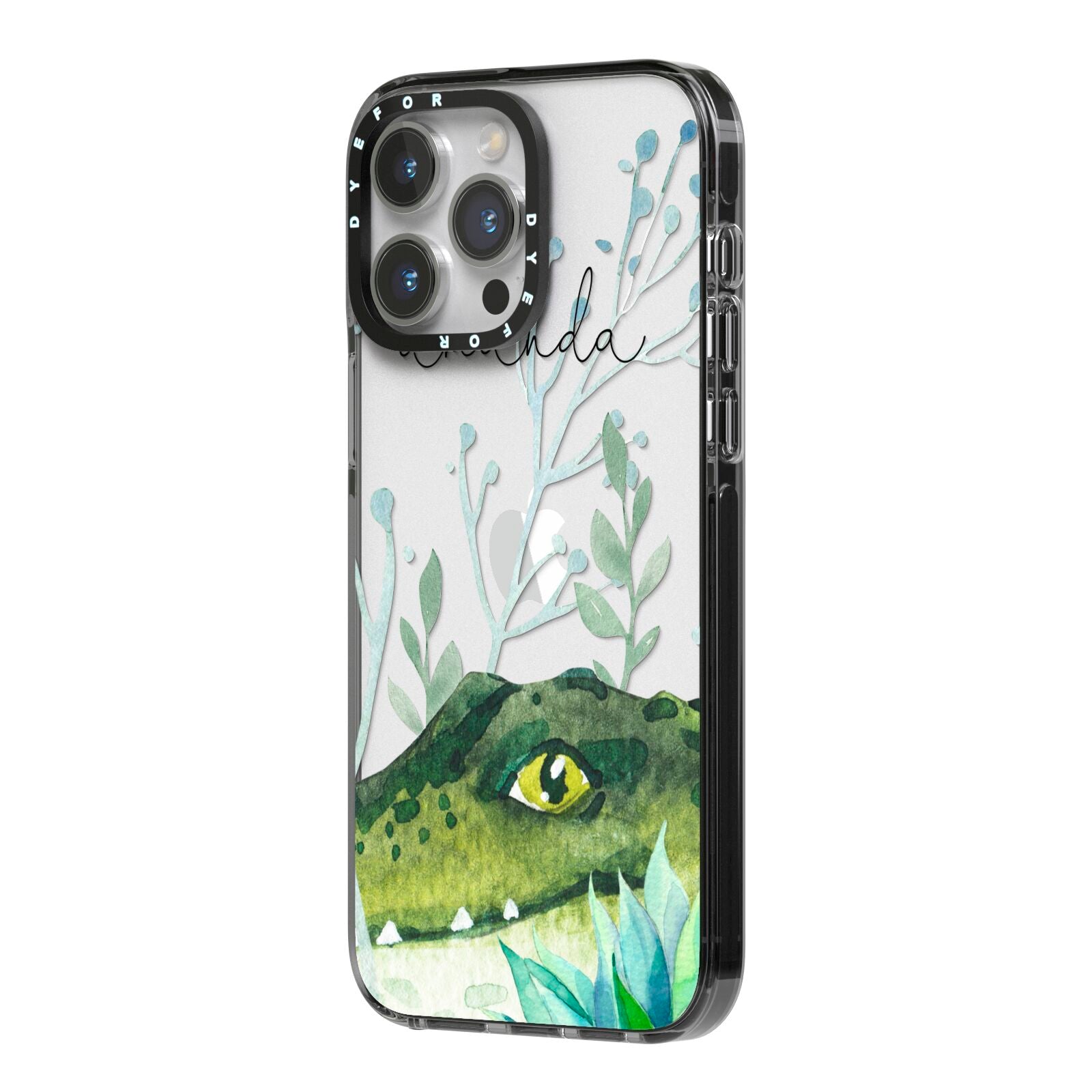 Personalised Alligator iPhone 14 Pro Max Black Impact Case Side Angle on Silver phone