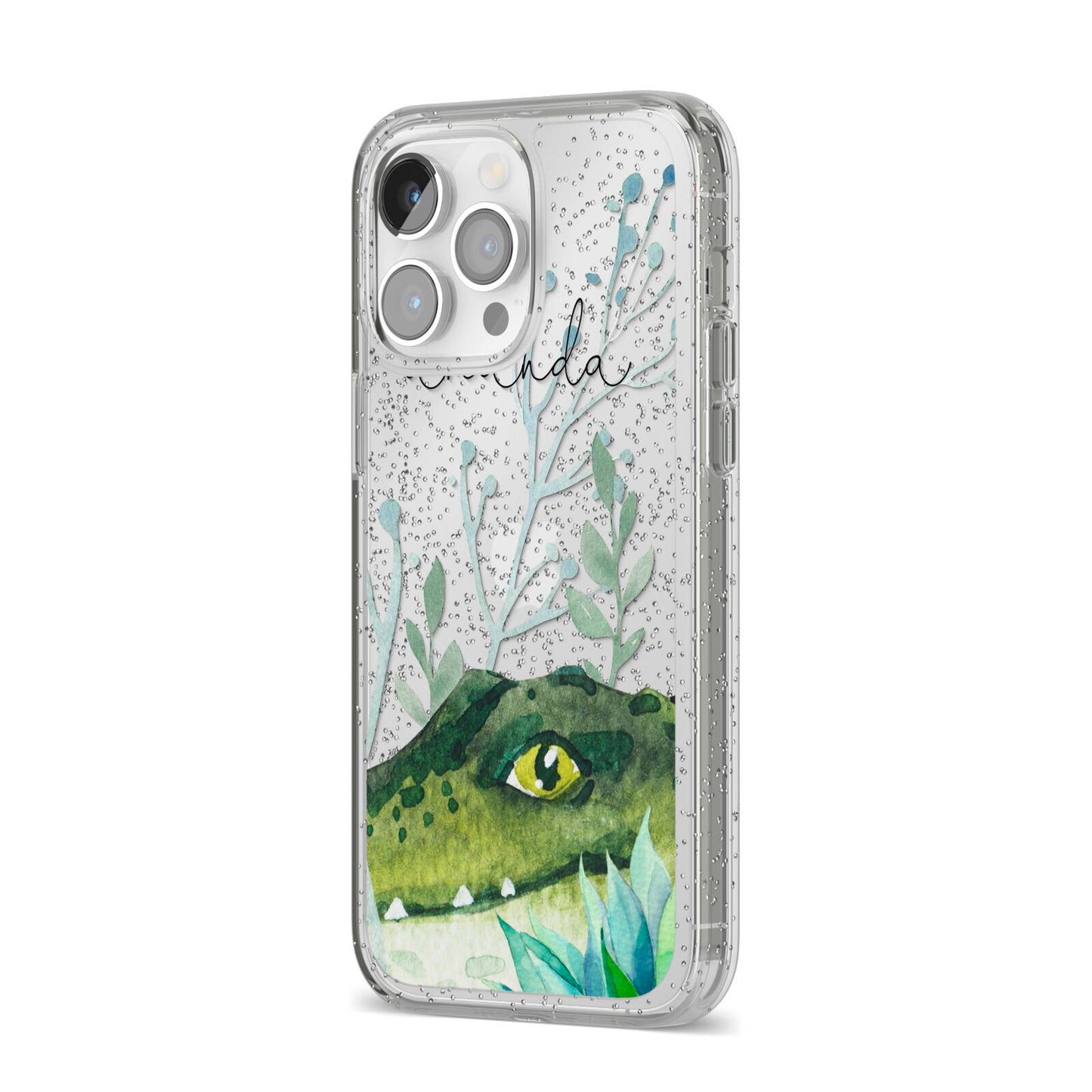 Personalised Alligator iPhone 14 Pro Max Glitter Tough Case Silver Angled Image