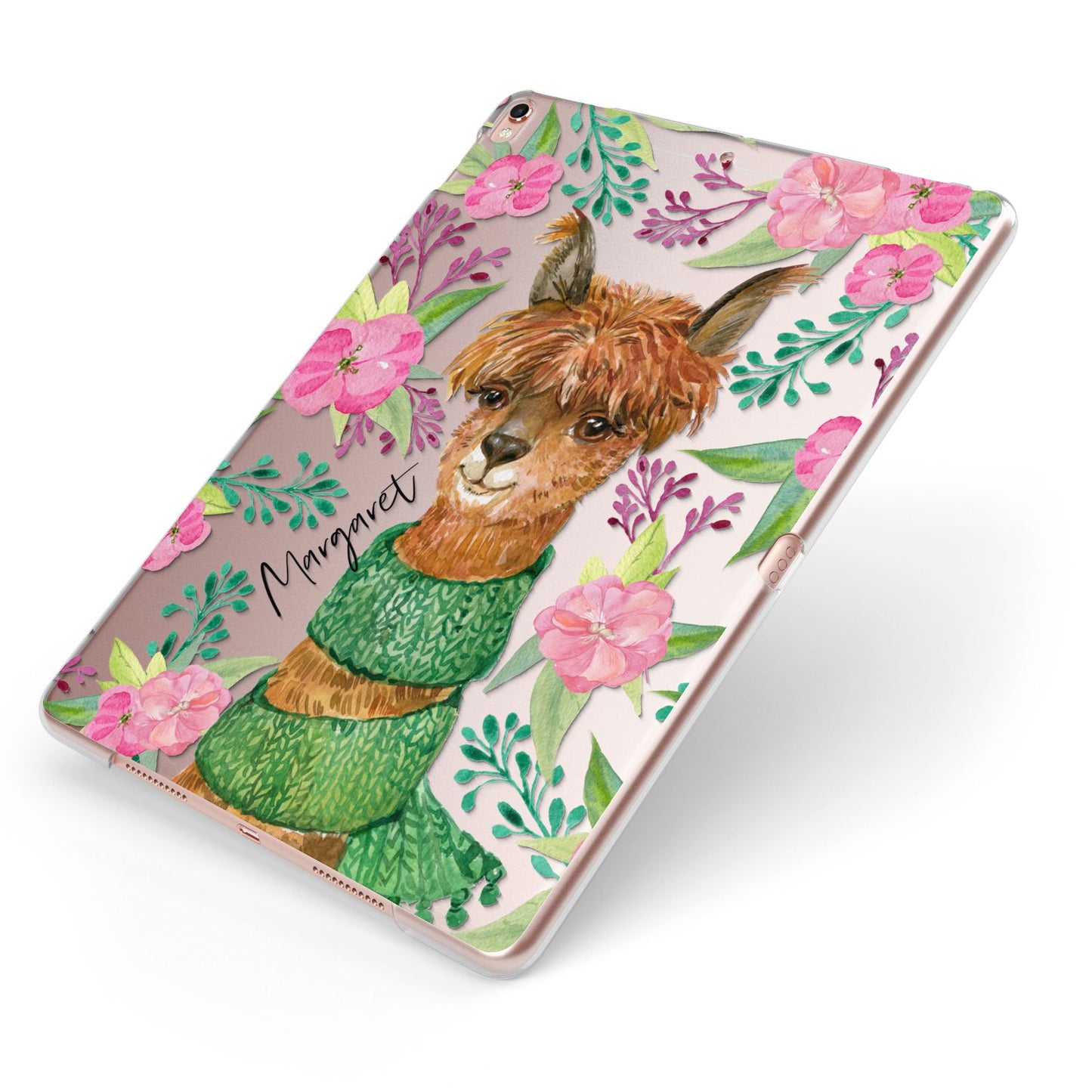 Personalised Alpaca Apple iPad Case on Rose Gold iPad Side View