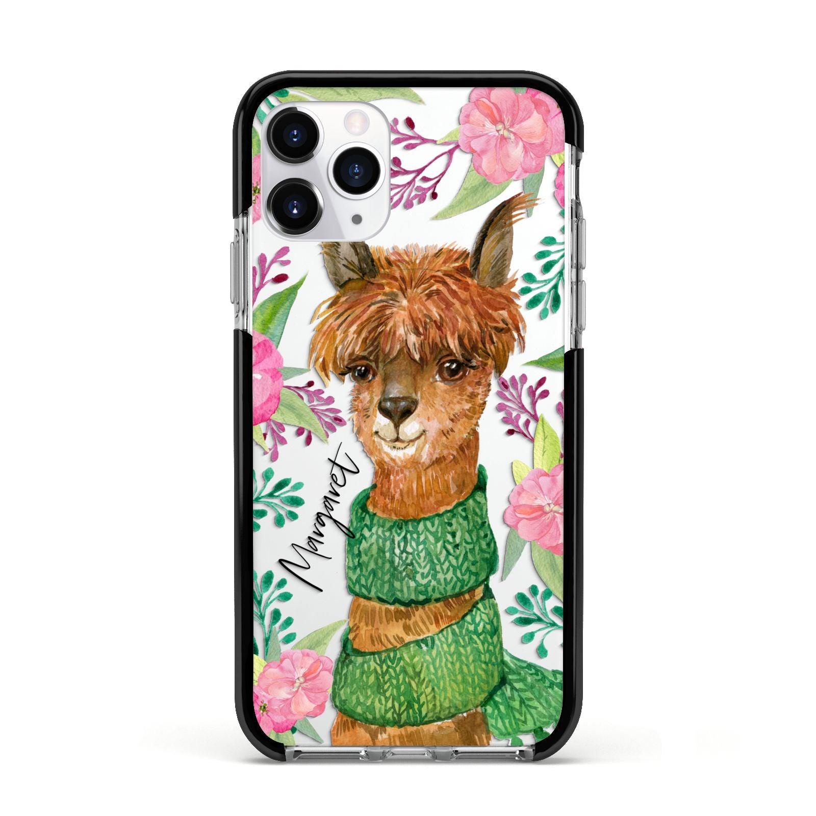Personalised Alpaca Apple iPhone 11 Pro in Silver with Black Impact Case
