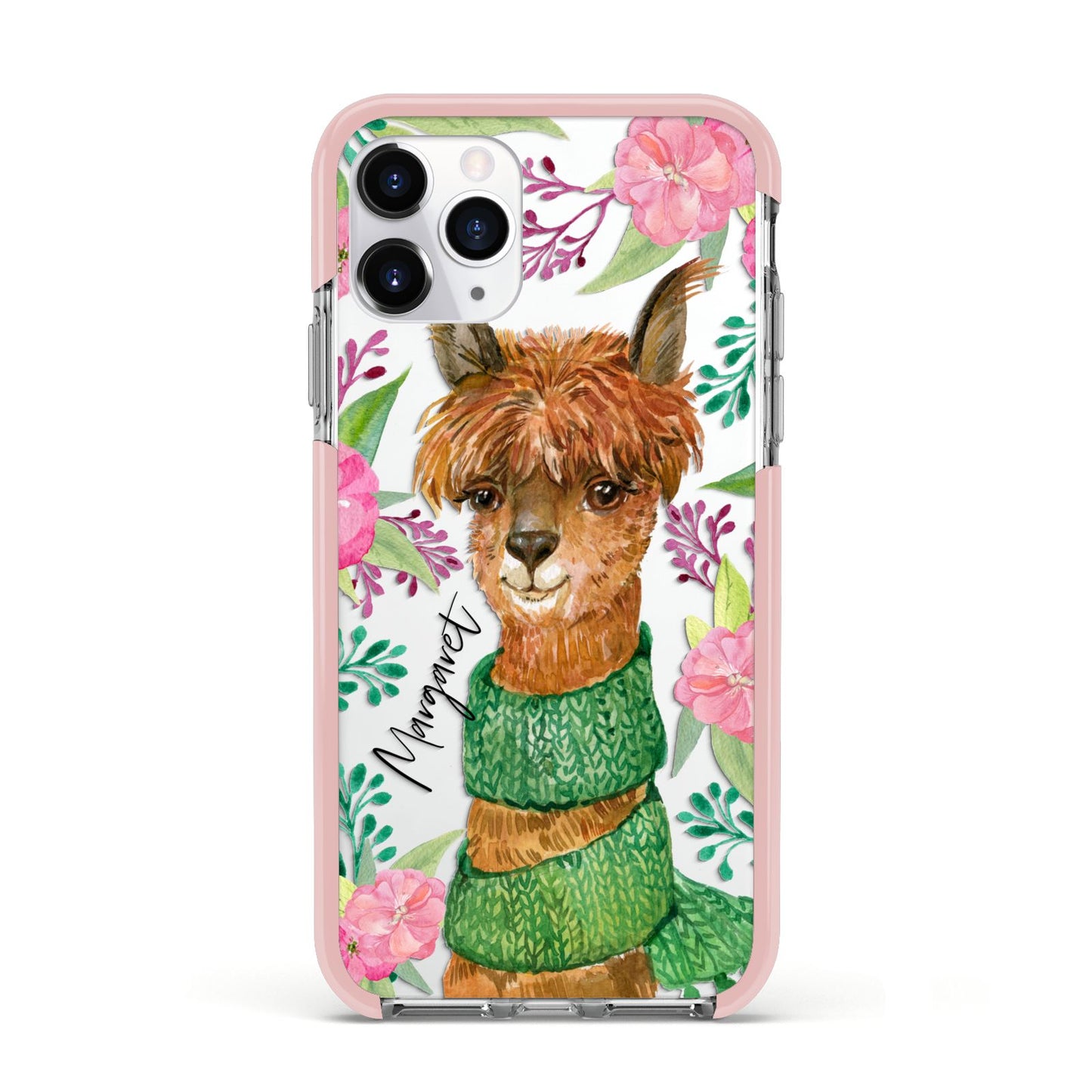 Personalised Alpaca Apple iPhone 11 Pro in Silver with Pink Impact Case
