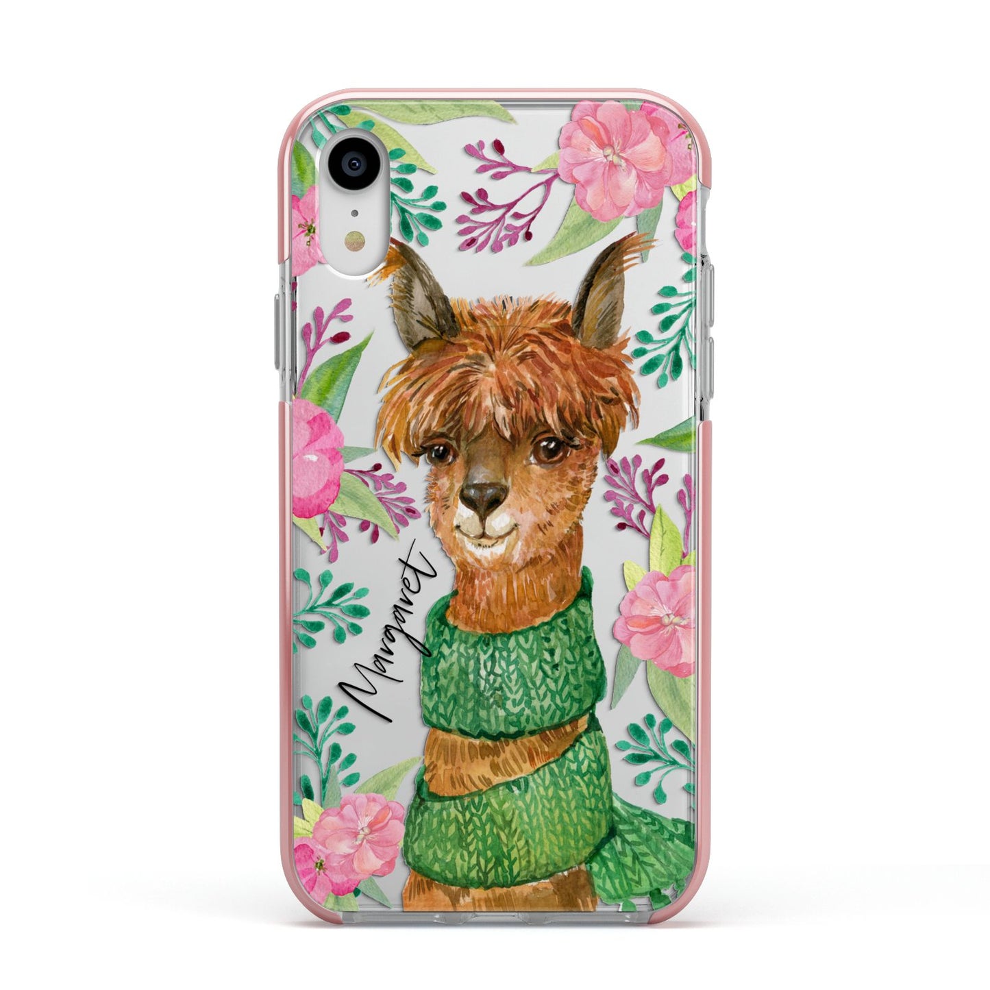 Personalised Alpaca Apple iPhone XR Impact Case Pink Edge on Silver Phone