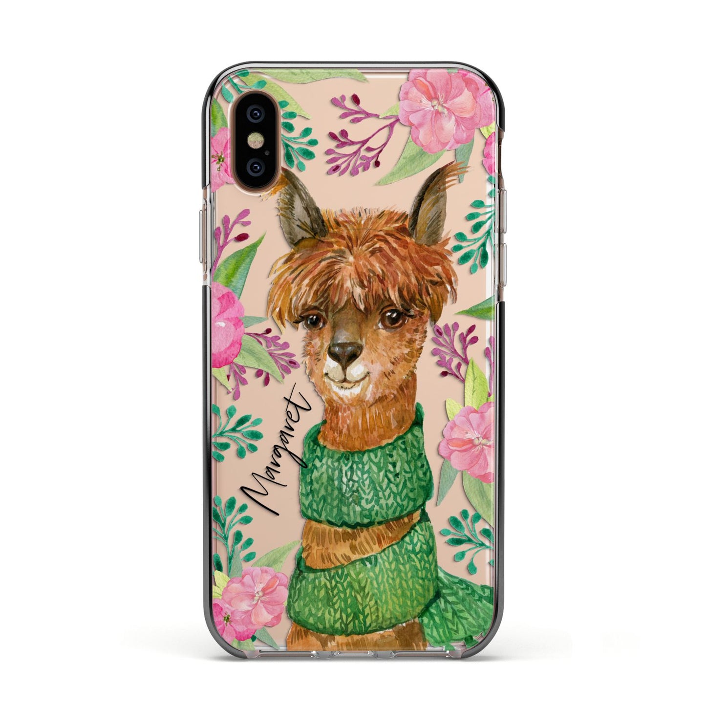 Personalised Alpaca Apple iPhone Xs Impact Case Black Edge on Gold Phone