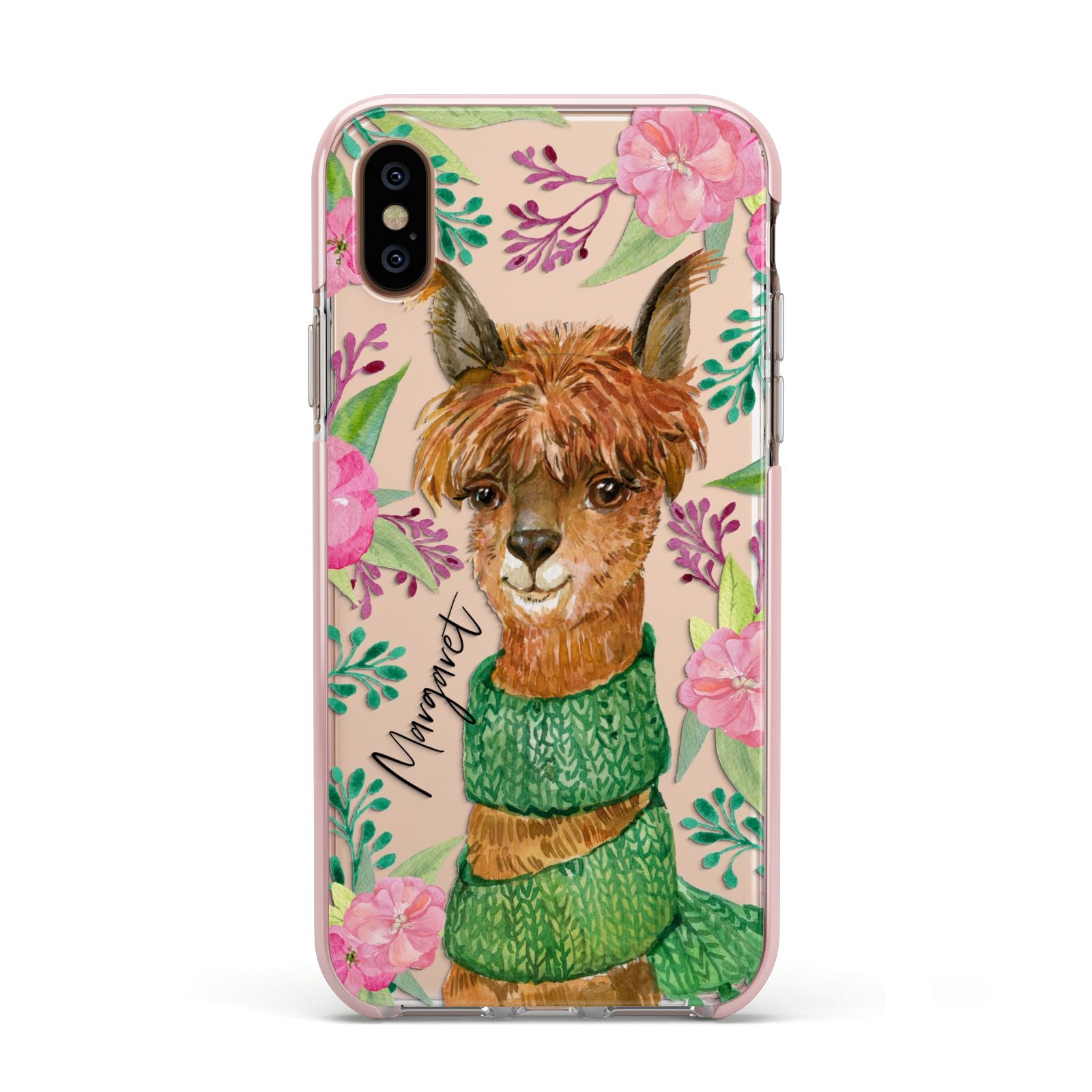 Personalised Alpaca Apple iPhone Xs Impact Case Pink Edge on Gold Phone